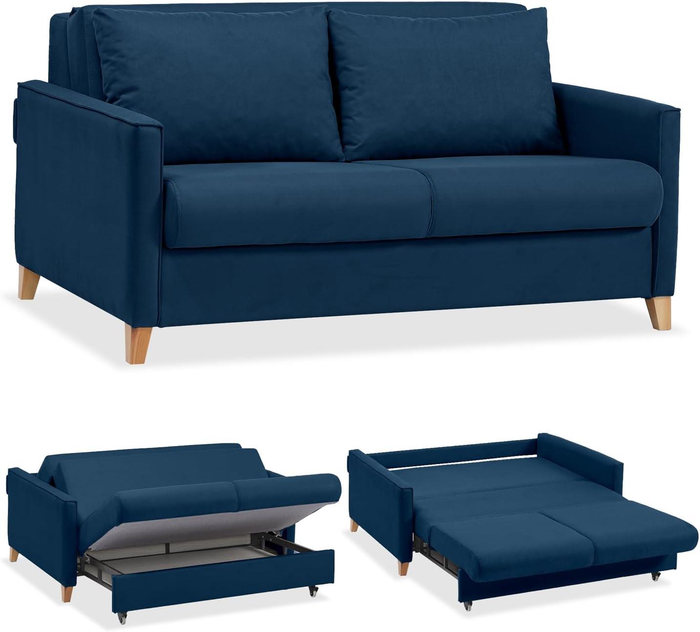EVERGREENWEB - Divano Letto 2 Posti Matrimoniale L165xP110xA90 con Box Contenitore, Struttura Pieghevole Imbottita Tessuto Blu, Schienale a Doppio Cuscino, Sofà con Chaise Longue Estraibile, CALION