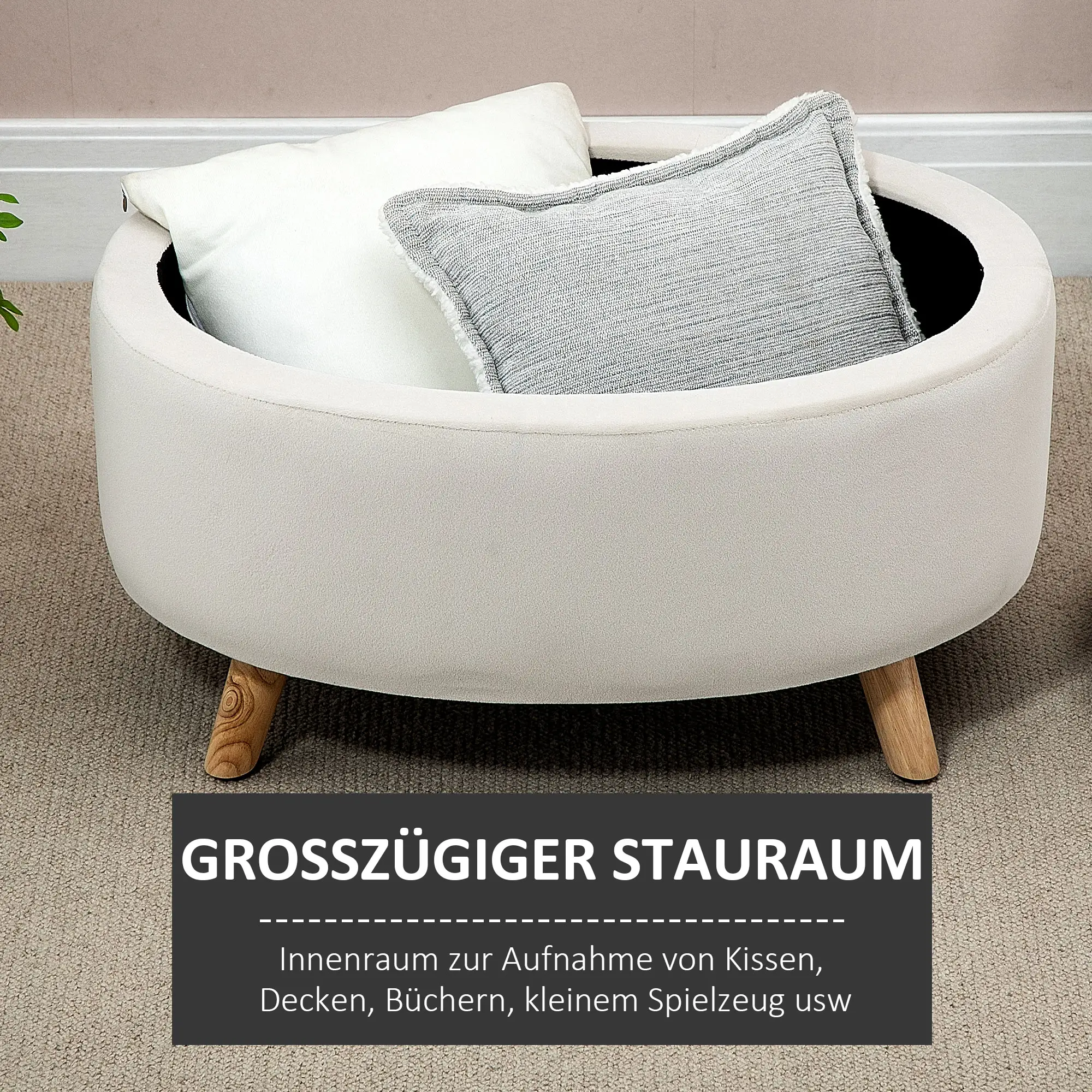 HOMCOM Sitzbank Sitztruhe oval Stauraum Samtoptik Holzbeine Beige