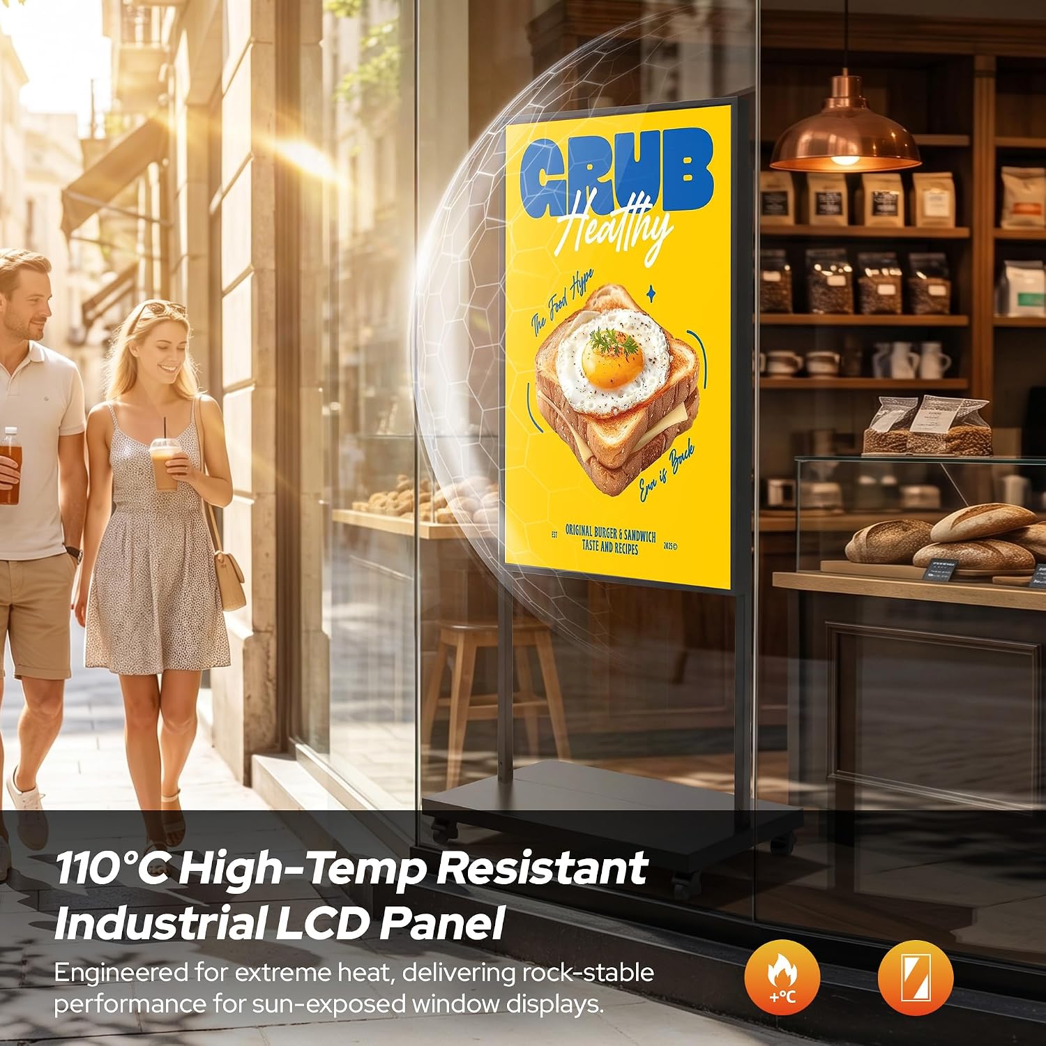 Display Digital Signage, Schermo LCD Ultra Luminoso 3000 Nits, Monitor Pubblicitario Android 14 con Controllo APP & CMS, USB/HDMI/WiFi per Ristoranti, Hotel e Negozi (65 pollici)