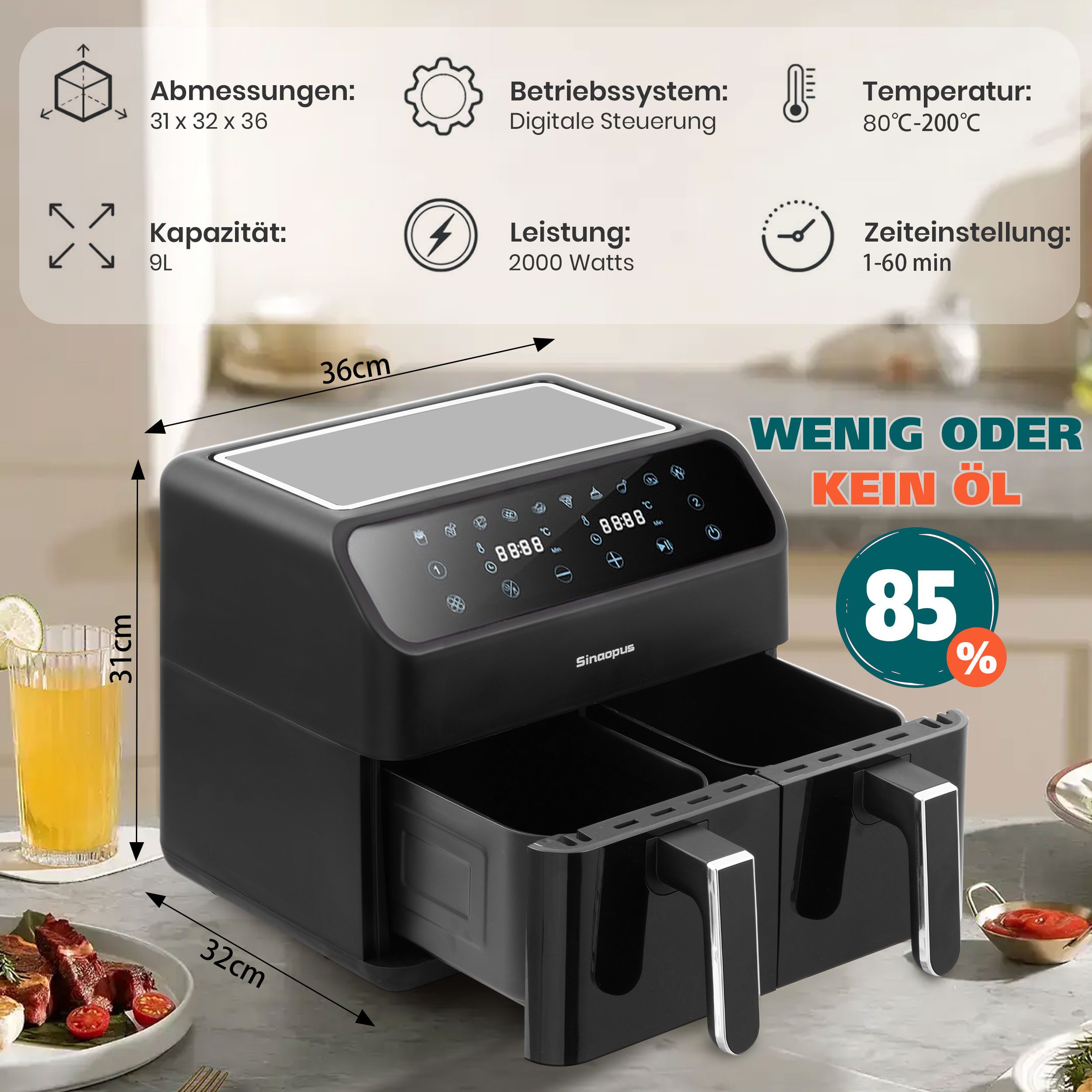 Heißluftfritteuse 9 L Dual-Zonen Airfryer mit Sichtfenster, 2000 W Leistung