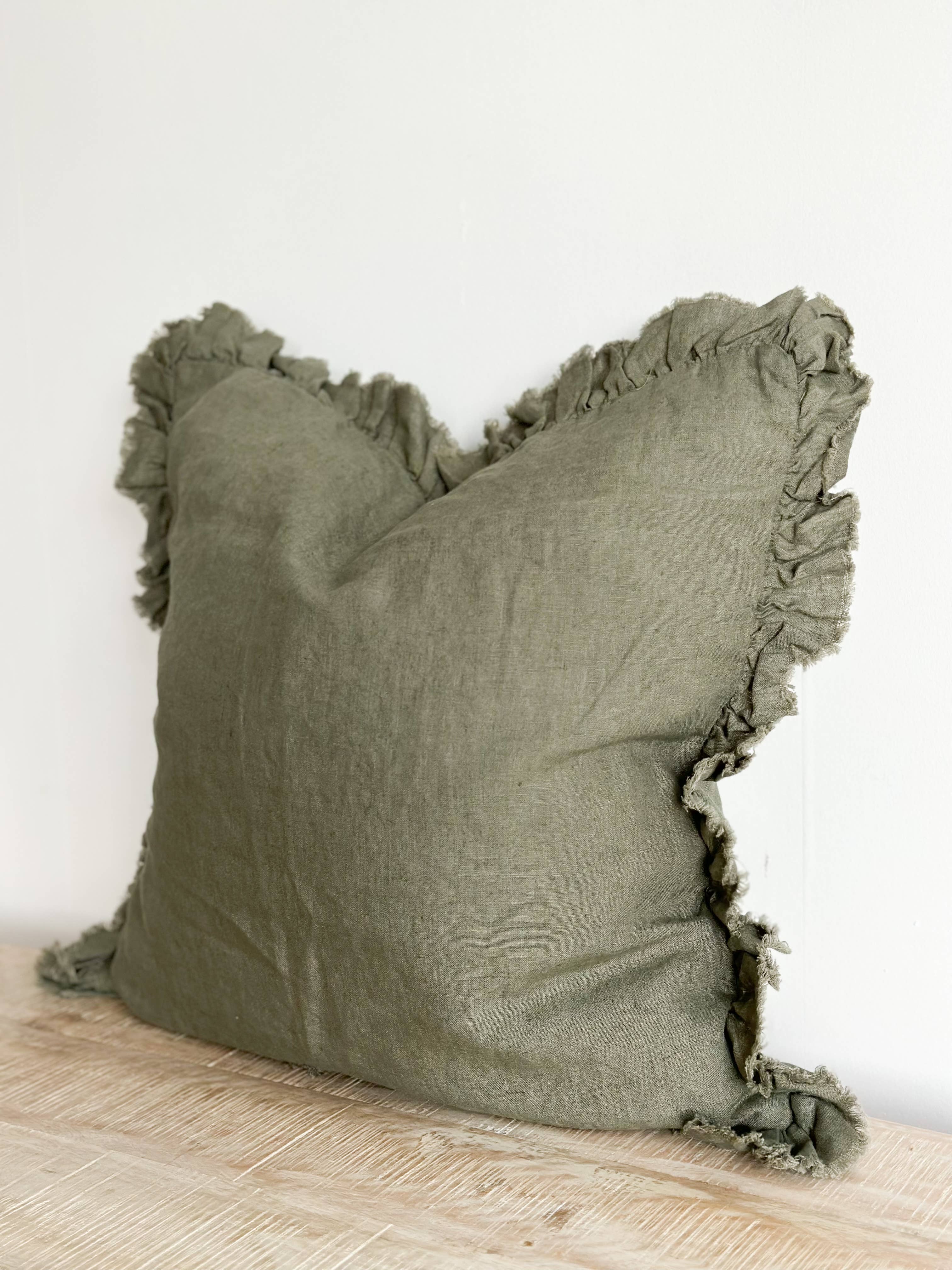Khaki Ruffled Linen Cushion �C 45 x 45 cm (Feather Pad Included)