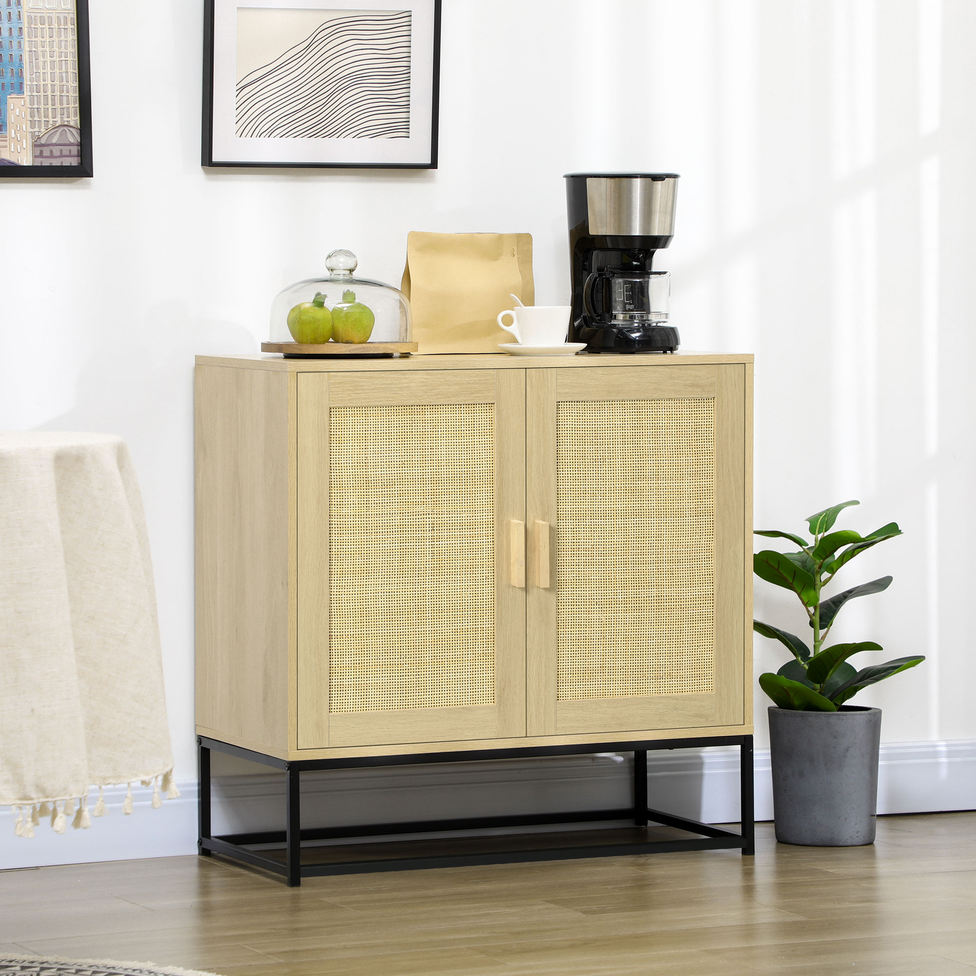 HOMCOM Bohème-Stil Sideboard mit 2 Türen aus geflochtenem Rattan, höhenverstellbarem Regal, 80 x 40 x 80 cm Natur