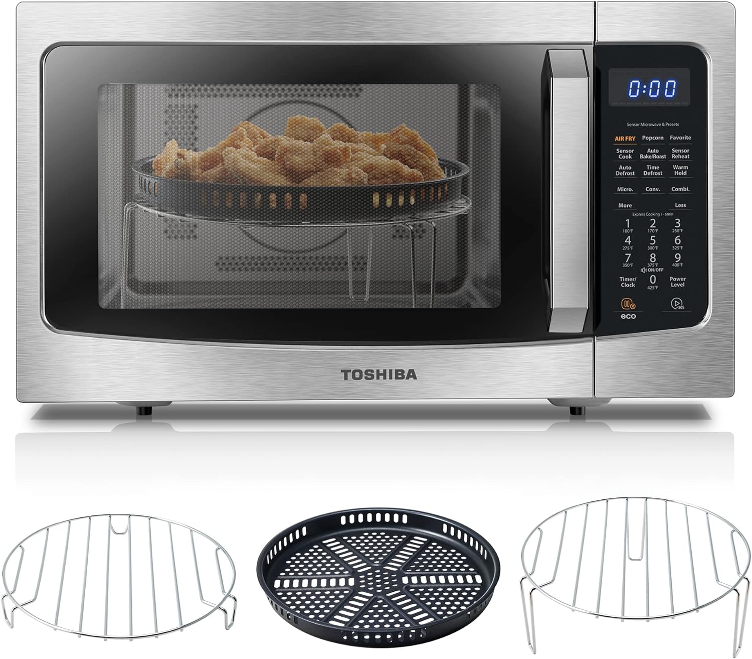 2025 TOSHIBA 4-in-1 ML-EC42P(SS) Forno a microonde da banco, sensore intelligente, convezione, friggitrice ad aria, funzione Mute, memoria di posizione 13,6” piatto rotante, 1,5 Cu Ft, 1000W, Argento