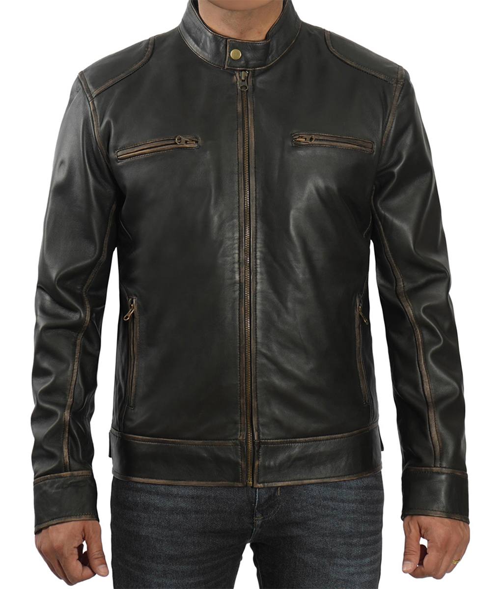 Mens Brown Distressed Cafe Racer Leather Jacket