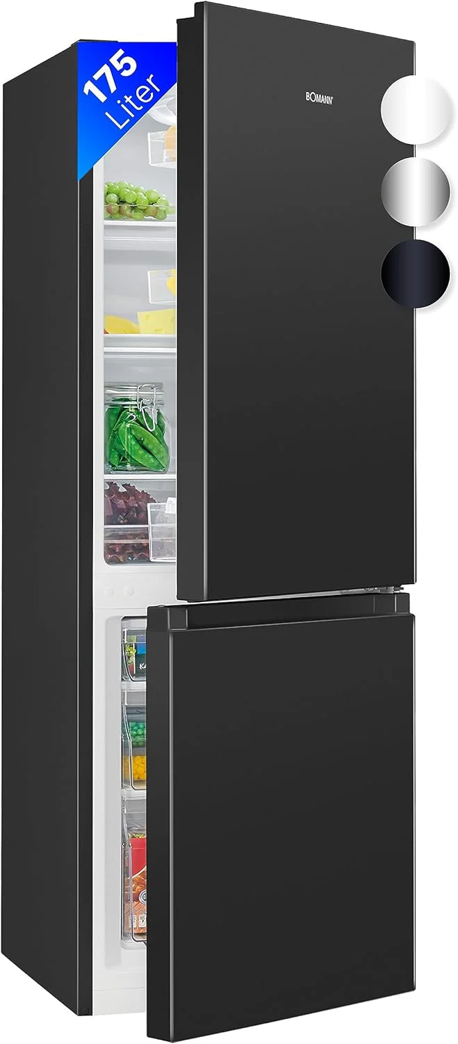 Bomann? K��hlschrank mit Gefrierfach 143cm hoch | K��hl Gefrierkombination 175L mit 3 Ablagen & 3 Schubladen | T��ranschlag wechselbar | leise K��hlgefrierkombi 39db | K��hlschrank KG 322.1 inox-look
