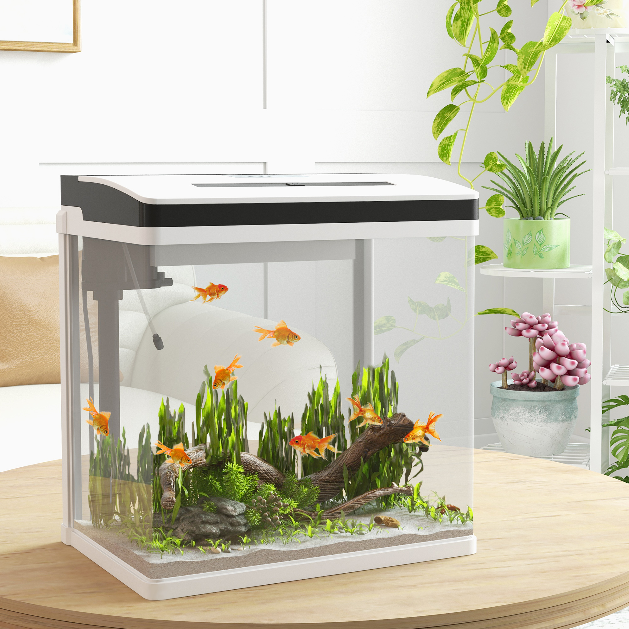 PawHut Aquarium aus Glas mit Filter Abdeckung und LED-Licht für Fische Fassungsvermögen 28L 38 x 26 x 39,5 cm Weiß