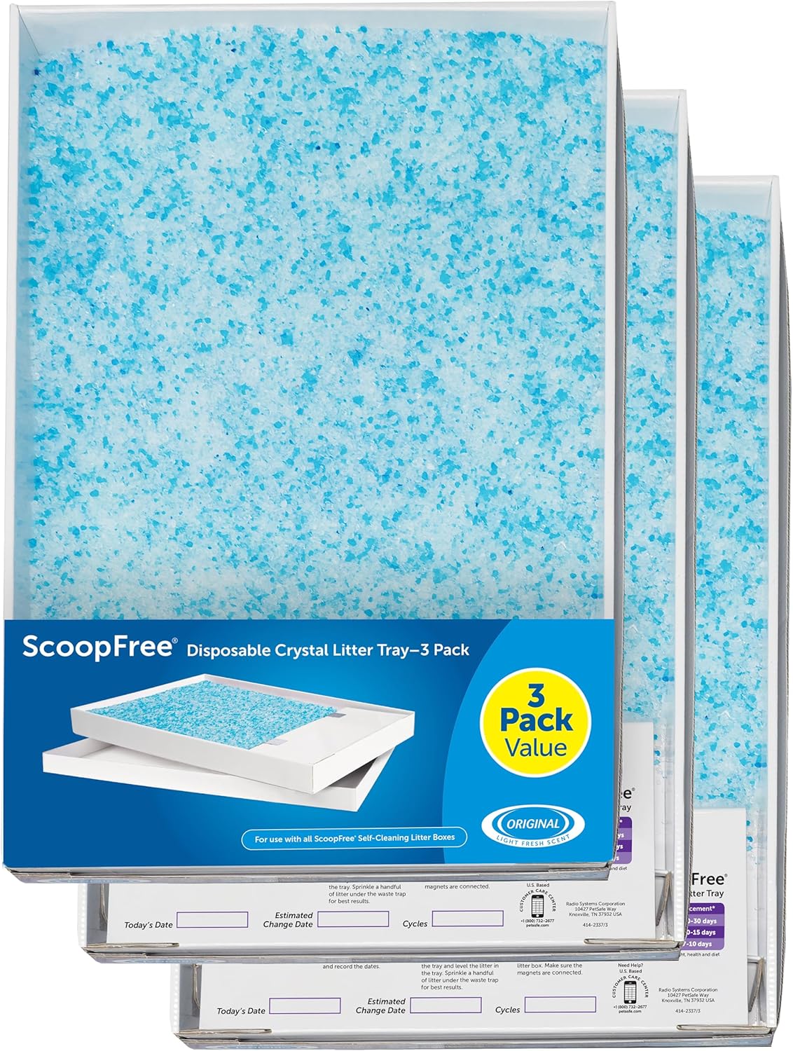 PetSafe ScoopFree Premium Self Cleaning Cat Litter Tray Refill Trays, Disposable Non-Clumping Crystal Litter Trays, Blue Crystals, Odour Free - Triple Pack