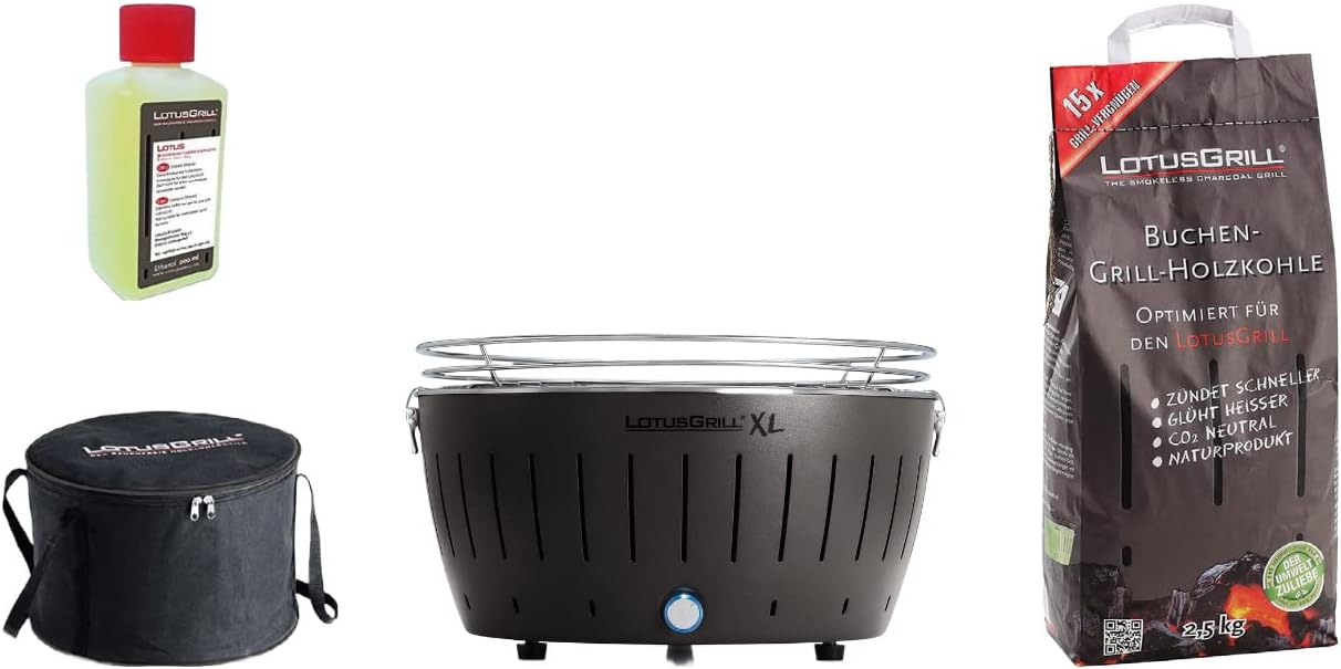 LotusGrill XL Starter-Set, 1 griglia, 1 carbone di faggio da 2,5 kg, 1 pasta combustibile da 200 ml, 1 borsa per il trasporto (Black)