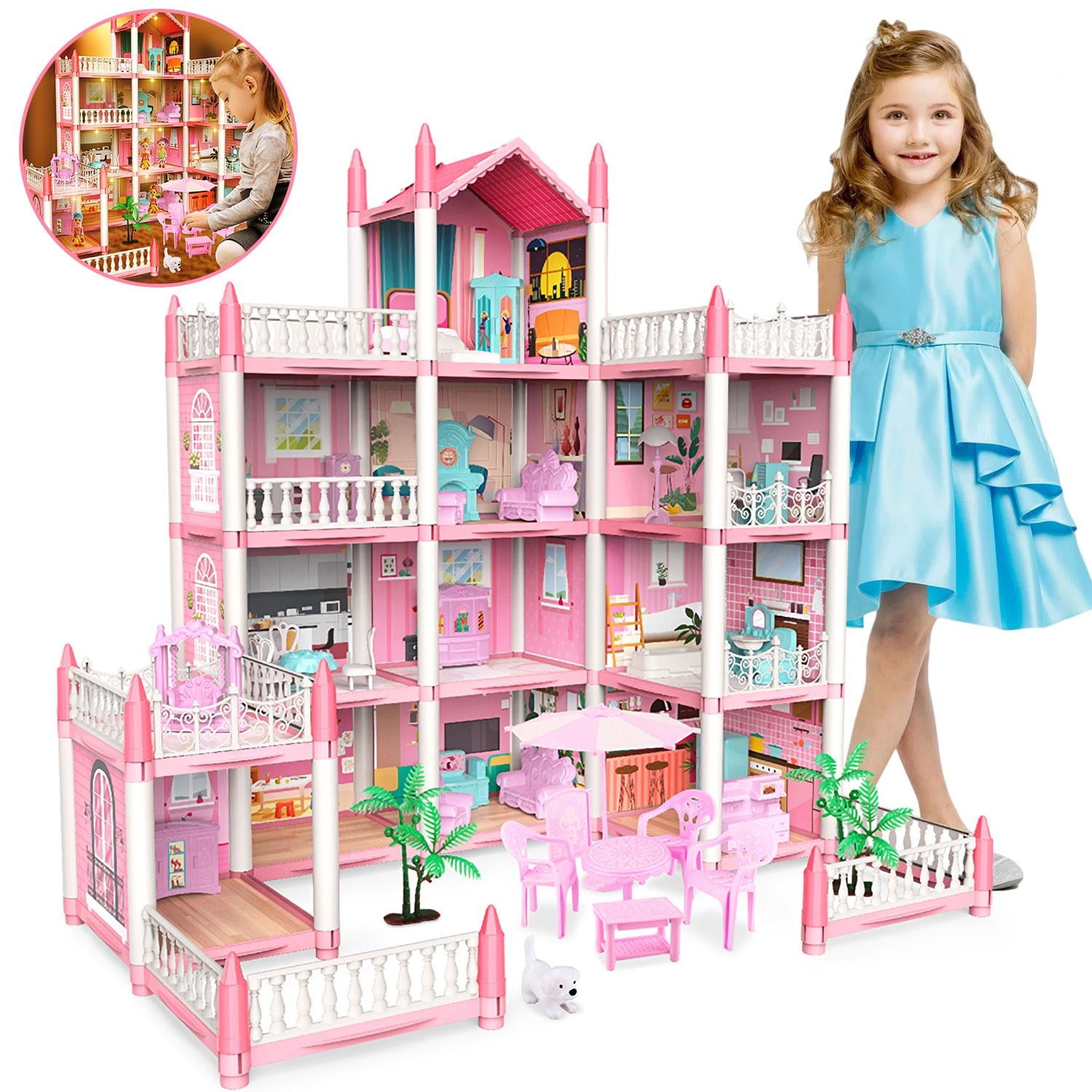 Kid Odyssey Princess Dollhouse with 4 Dolls, 11 Rooms, LED Lights, DIY Gift for Girls 3 , Pink
