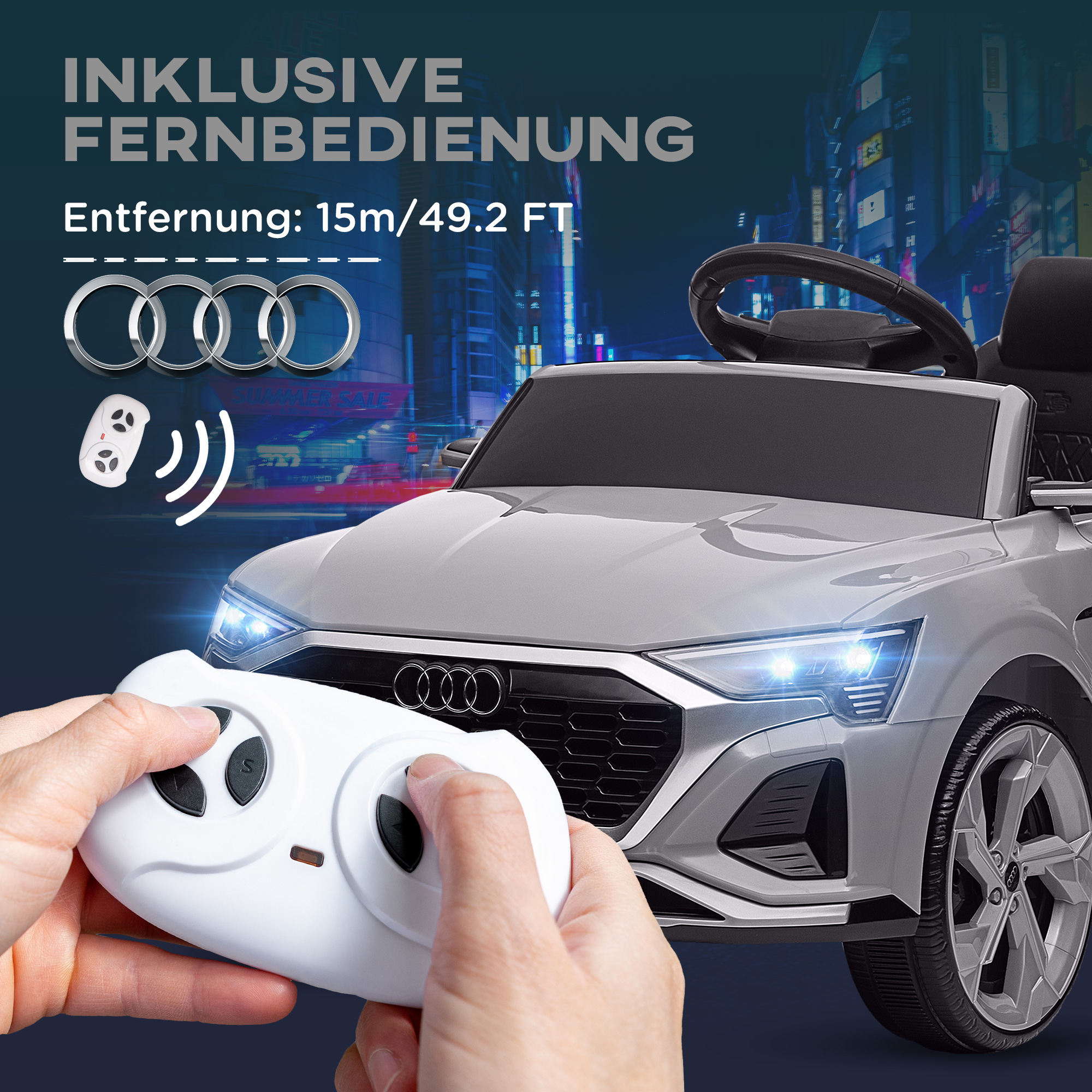 AIYAPLAY Elektrische Kinder Auto, 12V Audi Q8, 3-5 km/u, Afstandsbediening, Koplampen, Muziek, Grijs