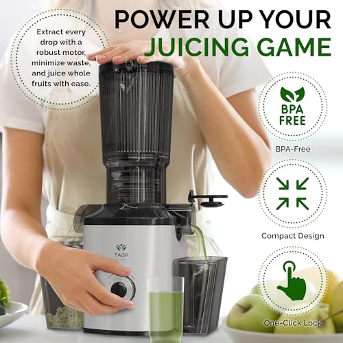TAGR Vitality Slow Masticating Cold Press Juicer   Large Mouth Cold Press Masticating Juicer Machines Vegetable and Fruit with Cleaning Brush, Prodding Utensil   BPA Free & Compact Juice Maker Machine: Home & Kitchen
