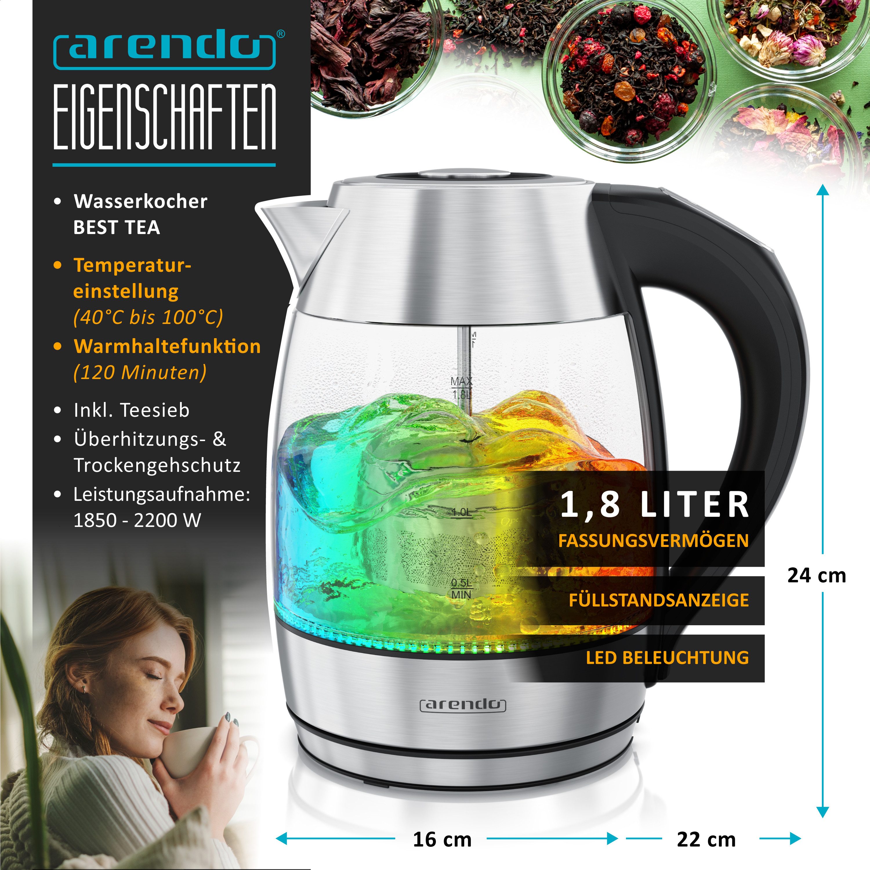 Wasserkocher Teekocher aus Glas & Edelstahl mit Temperatureinstellung & Teesieb