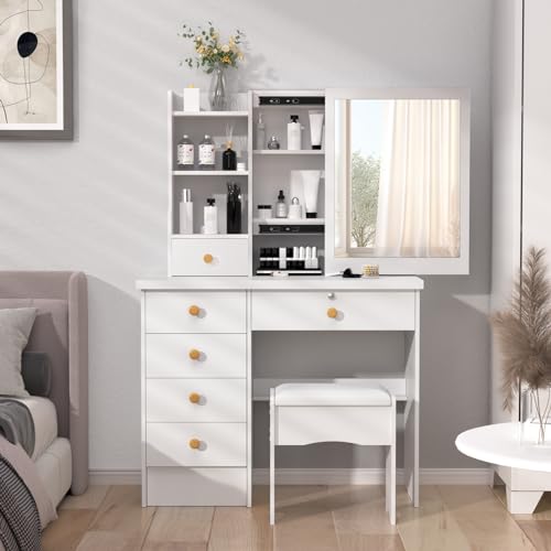 Tavolo da trucco bianco con specchio, 6 cassetti e ripiani aperti, elegante tavolo da toeletta in legno per camera da letto : Amazon.it: Casa e cucina