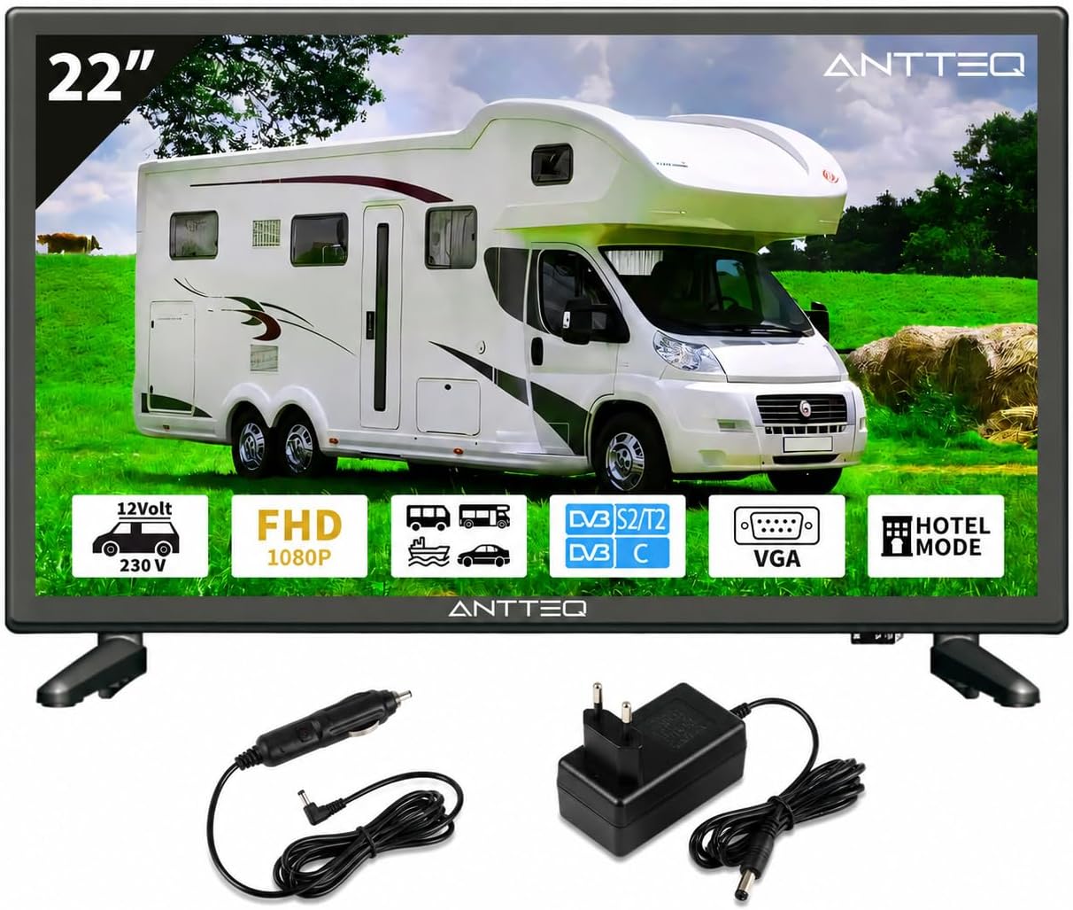 Antteq LED TV 22 Pollici (Televisore 55 cm) 2K D-LED con 12V, Triple Tuner DVB-C/T2/S2, Modalità Hotel, Audio Dolby, SCART & CI+ – Ideale per Camper, Campeggio e Hotel