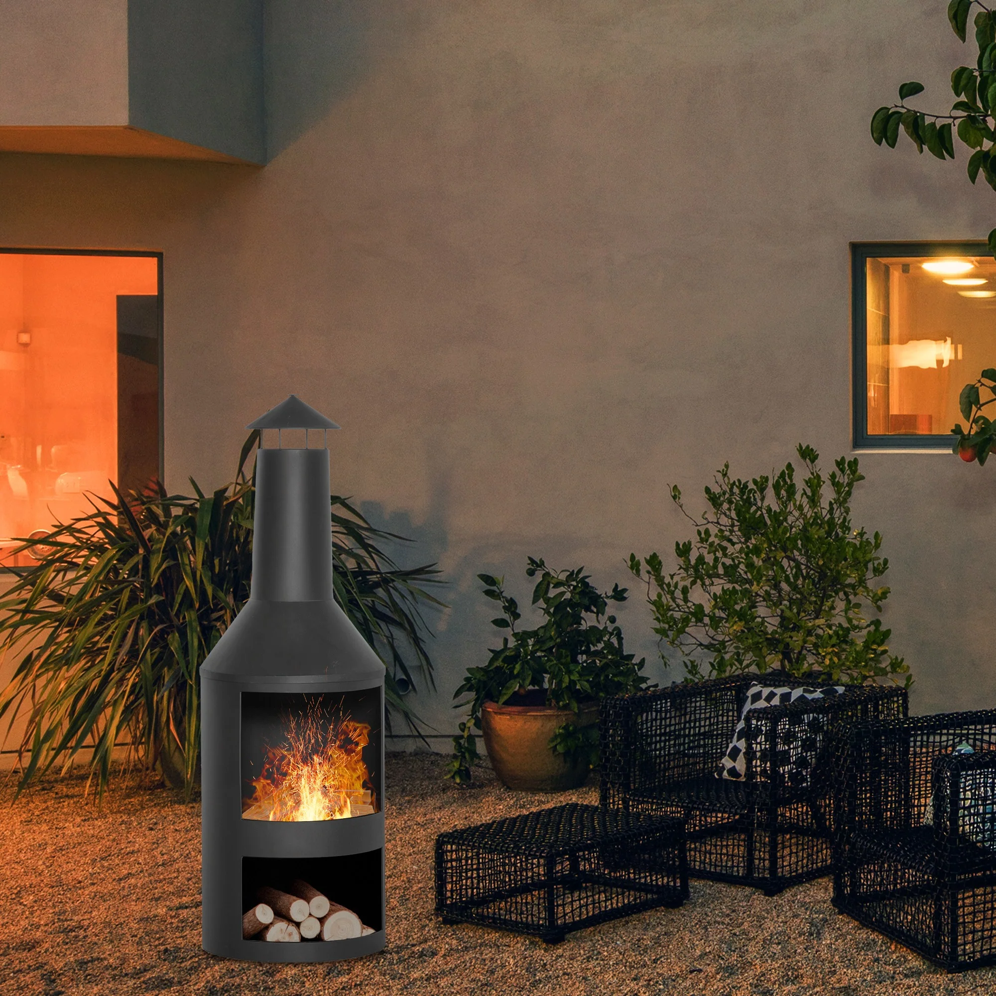EasyComfort Braciere da Giardino in Metallo con Camino, Porta Legna e Attizzatoio Ø44,5x133 cm, Nero