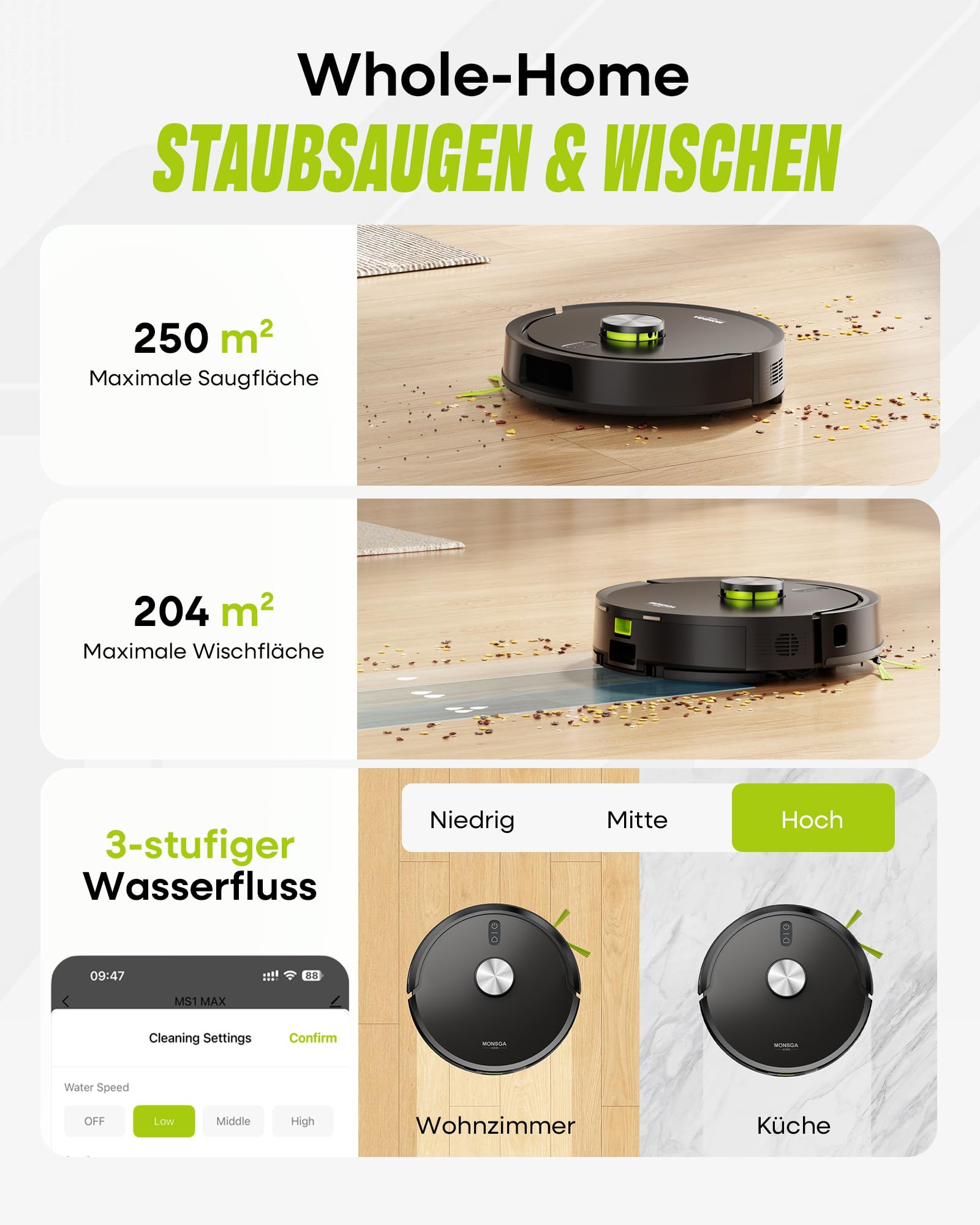 Saugroboter mit Wischfunktion MR7 Pro, 10000PA Saugleistung und 4L Absaugstation, 360° LiDAR Navigation