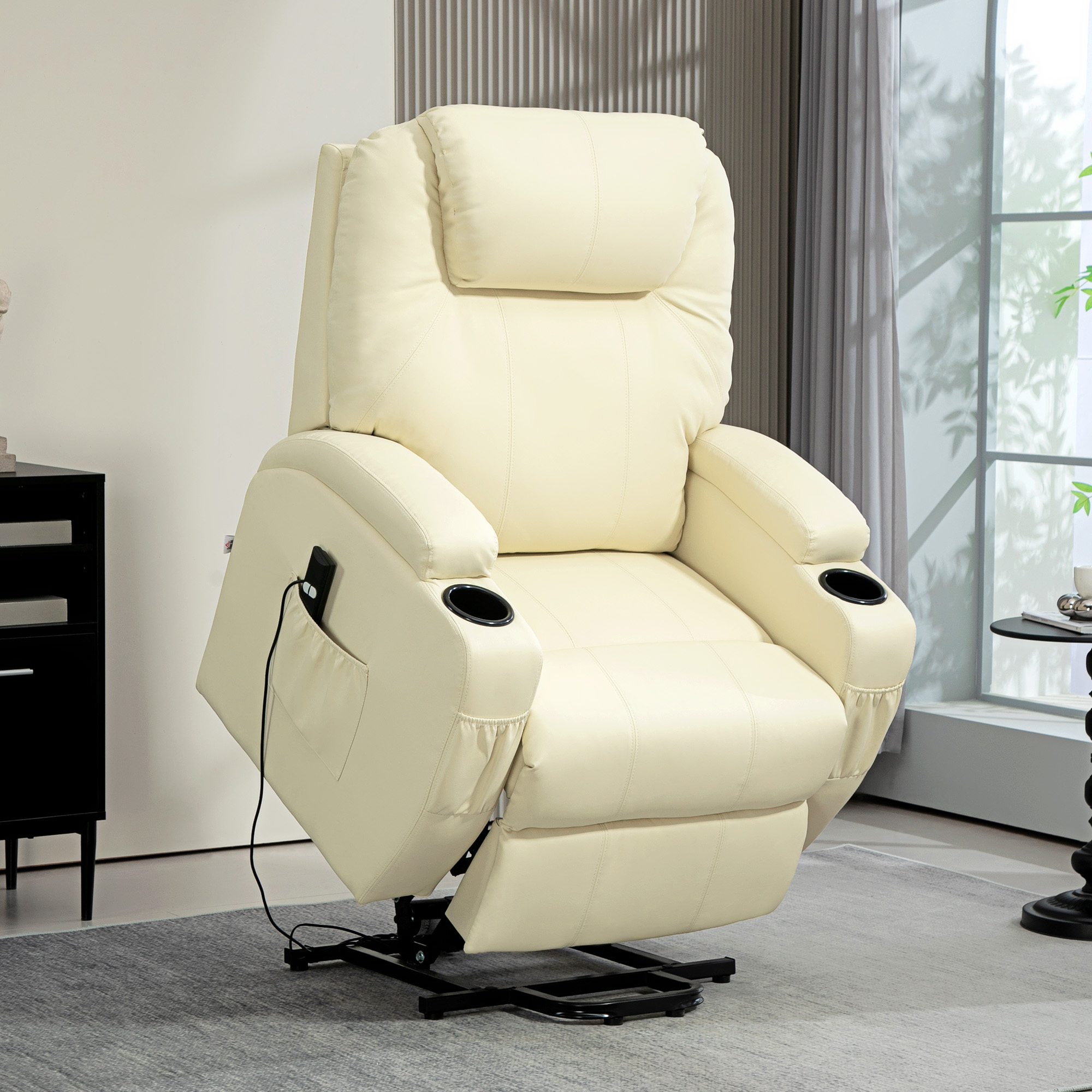 HOMCOM Elektrischer Relaxsessel mit Aufstehhilfe, Liegestuhl, Becherhalter, Kunstleder, Cremeweiß