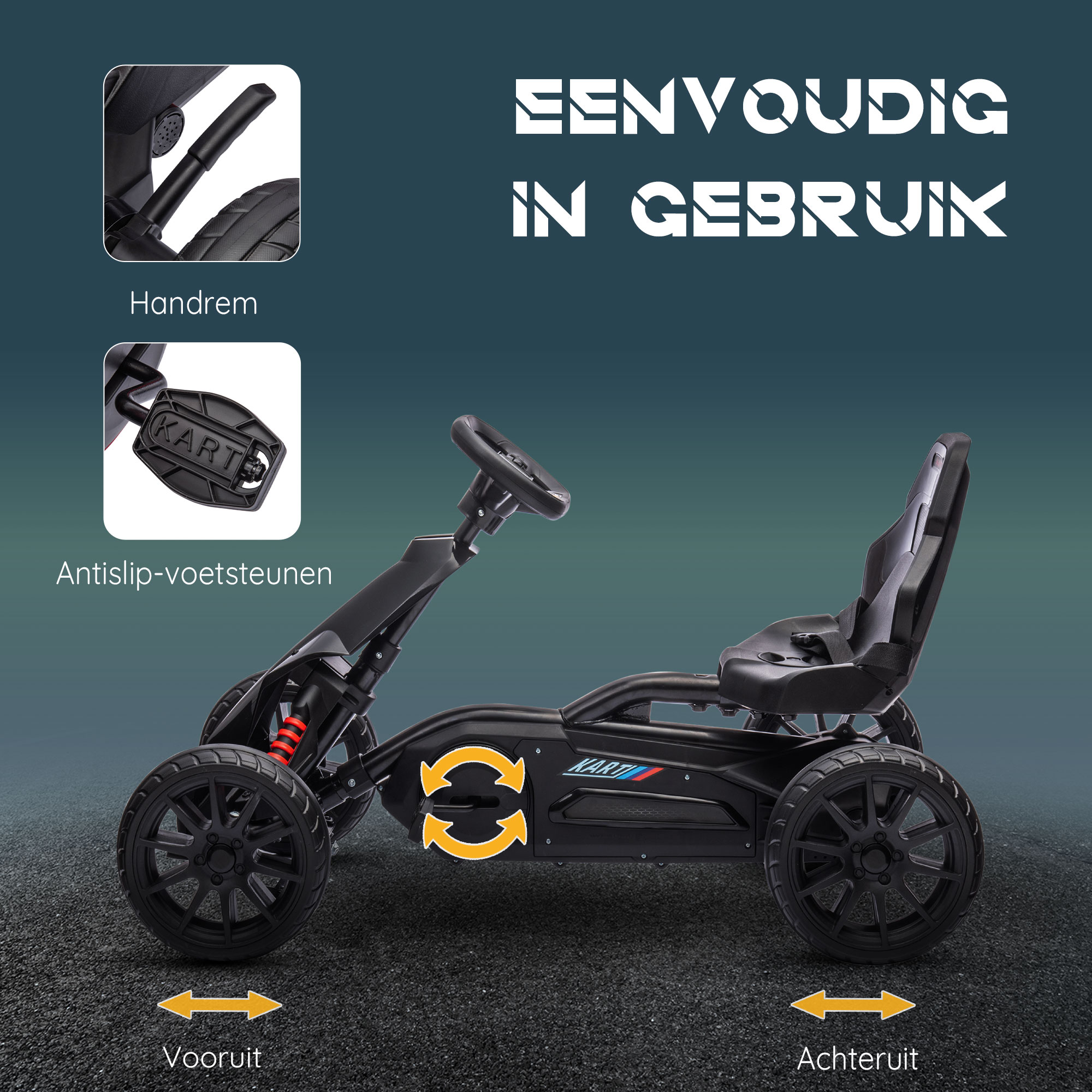 Go-Kart Kinderrijtuig met Verstelbare Zitting, Trapvoertuig, Trapauto met Handrem, 3-8 Jaar, Buiten, Zwart