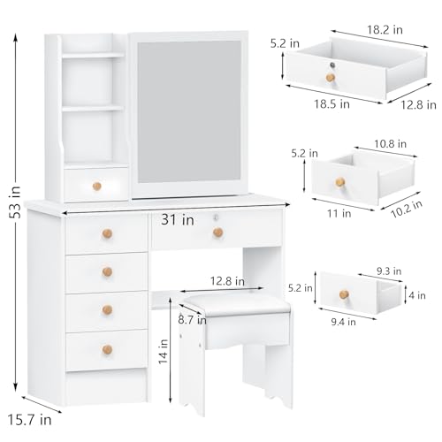 Tavolo da trucco bianco con specchio, 6 cassetti e ripiani aperti, elegante tavolo da toeletta in legno per camera da letto : Amazon.it: Casa e cucina