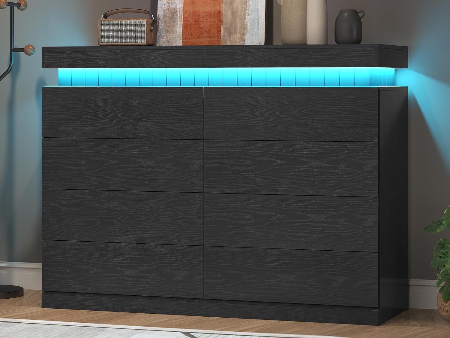 Tall Black 8 Dresser for Bedroom, Sliding Top Storage Space, Modern Wood Drawers with LED Light and Power Outlet, Large Chest of Drawer for Living Room, Hallway, Entryway (8 Drawers,Black)