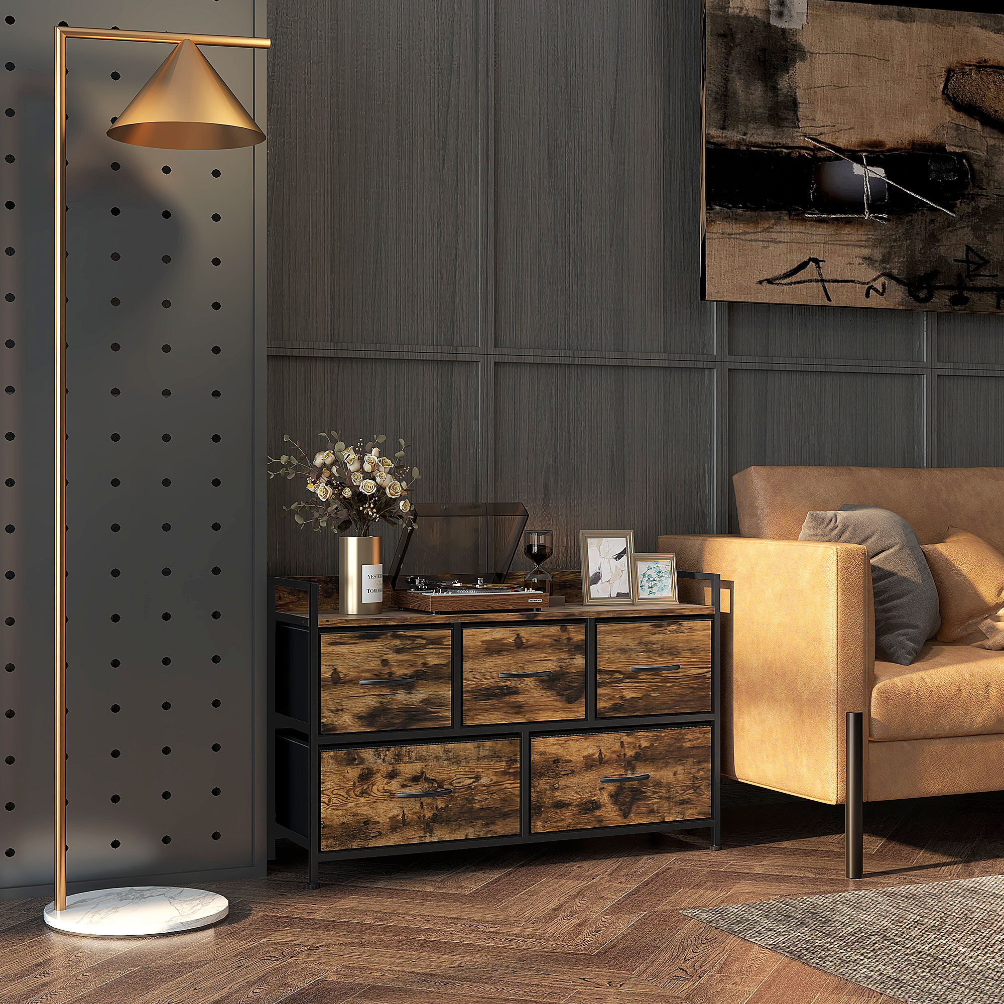 HOMCOM Kommode mit faltbaren Stoffschubladen, Melaminholz, Stahlrahmen, Braun