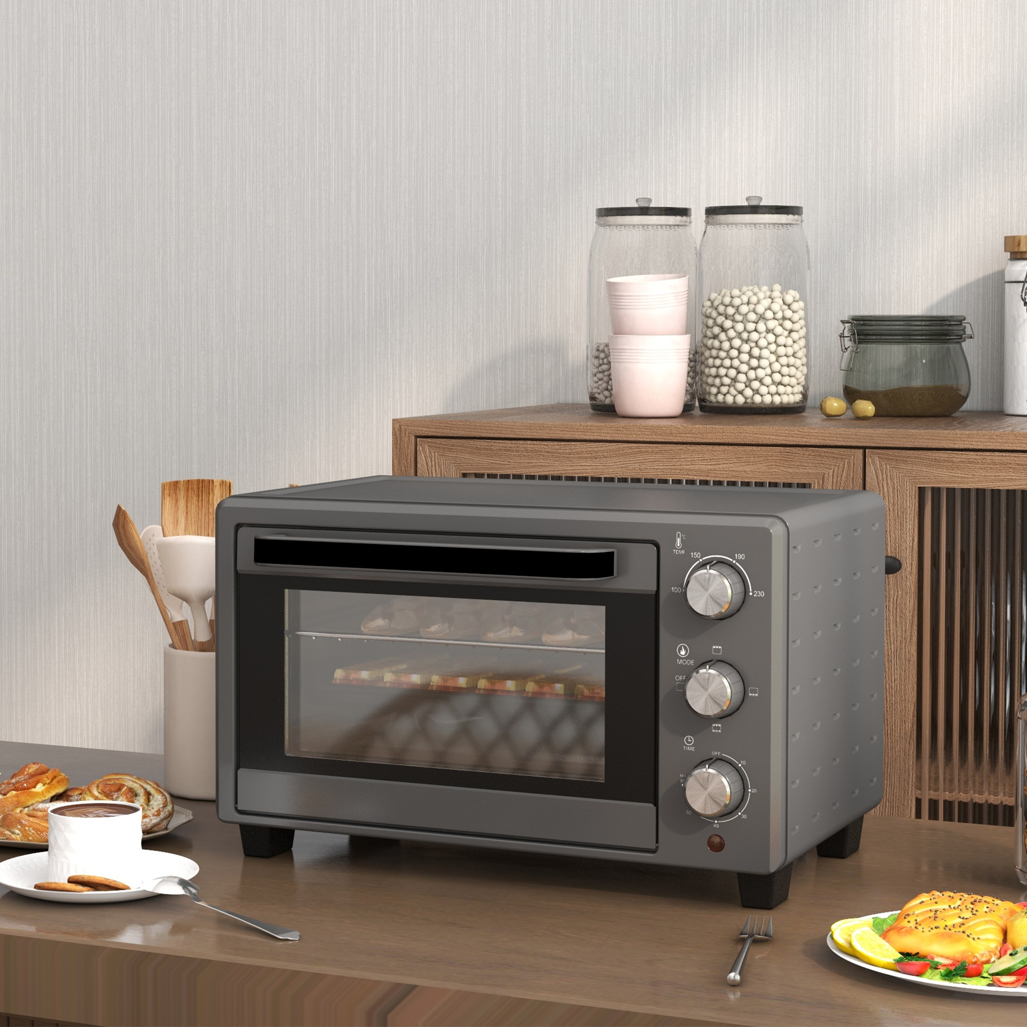 Minibackofen, 21L Toasterofen met 1 Draadrek en 1 Bakplaat, 3 Kookmodi, 100 ��C-230 ��C, Roestvrijstaal, Glas, Grijs