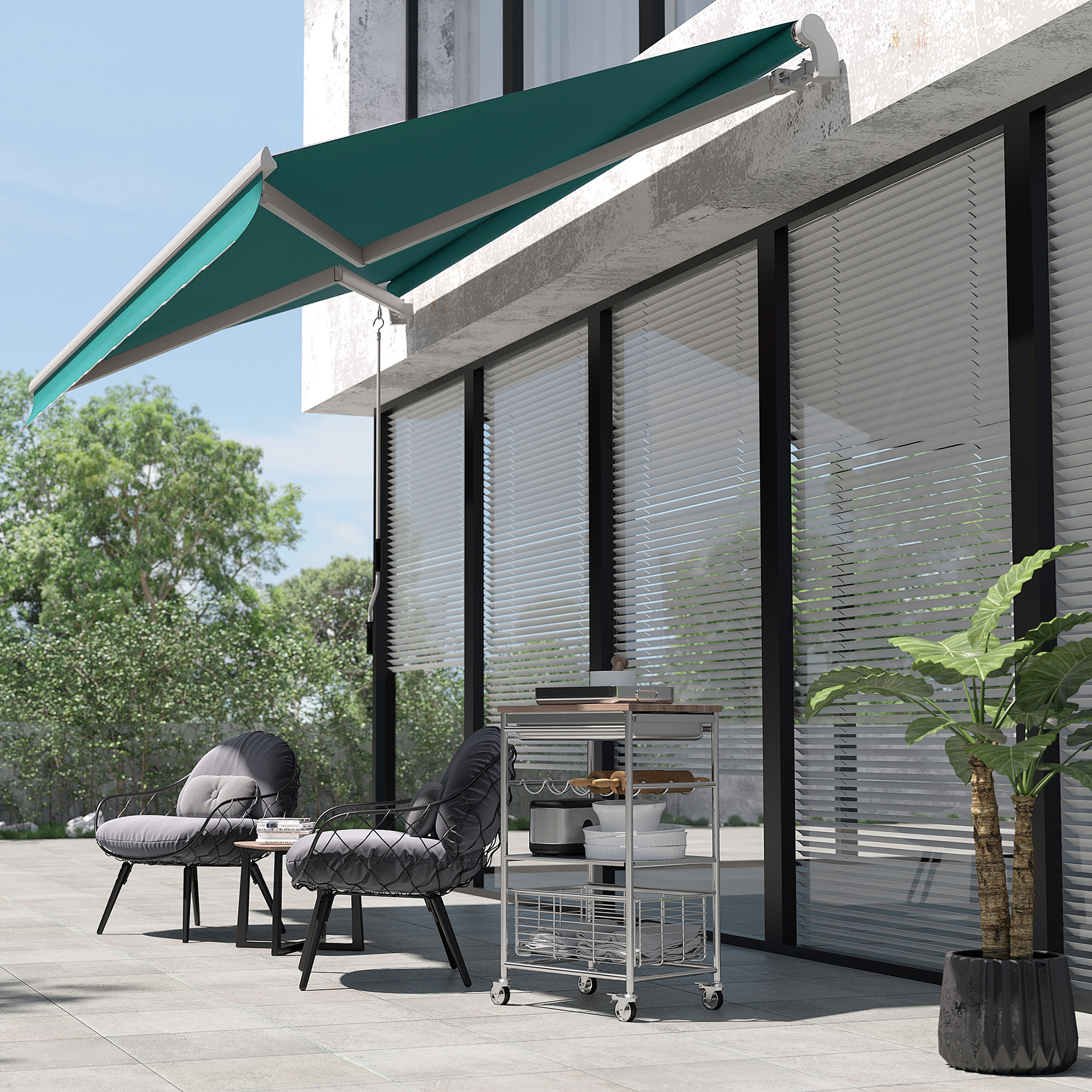 Outsunny Ausziehbare Markise mit Handkurbel aus Metall und Aluminium, 4x2,5m, Dunkelgrün