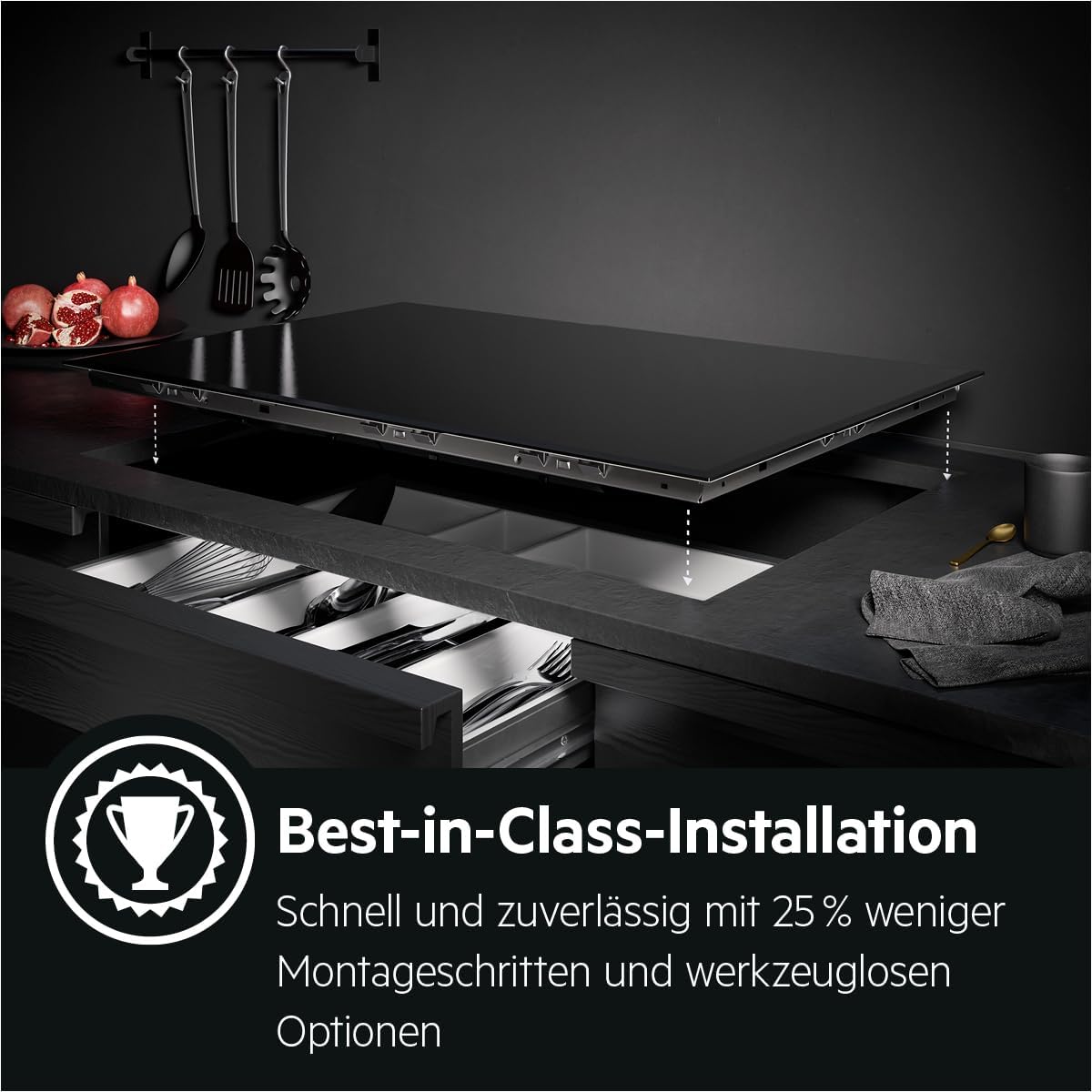 AEG Induktionskochfeld autark 80cm mit Dunstabzug / Made in Germany / 4 Flex-Kochzonen mit Bridge (Kombination 2er Zonen) / Auto-Funktion des Dunstabzugs / Aktivkohlefilter / COLI84COXB