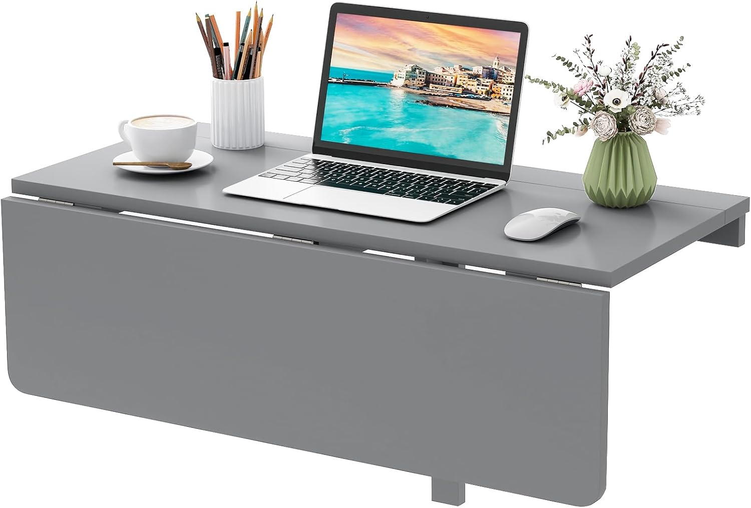 COSTWAY Tavolo Pieghevole a Muro, Tavolino Porta PC da Parete in Legno, Tavolo a Scomparsa Multifunzionale, Ideale per Soggiorno, Cucina e Studio, 80 x 60 x 45 cm (Bianco)