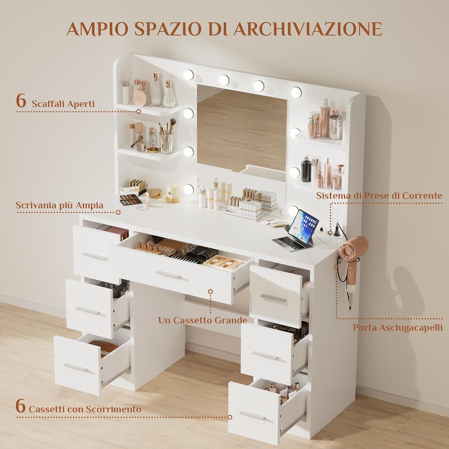 JUMMICO 108 cm Makeup Vanity Table with 10 LED Lights, 3 Colours, Adjustable Brightness, Makeup Desk with Sockets, 7 Drawers and 6 Open Shelves, Makeup Table (White)