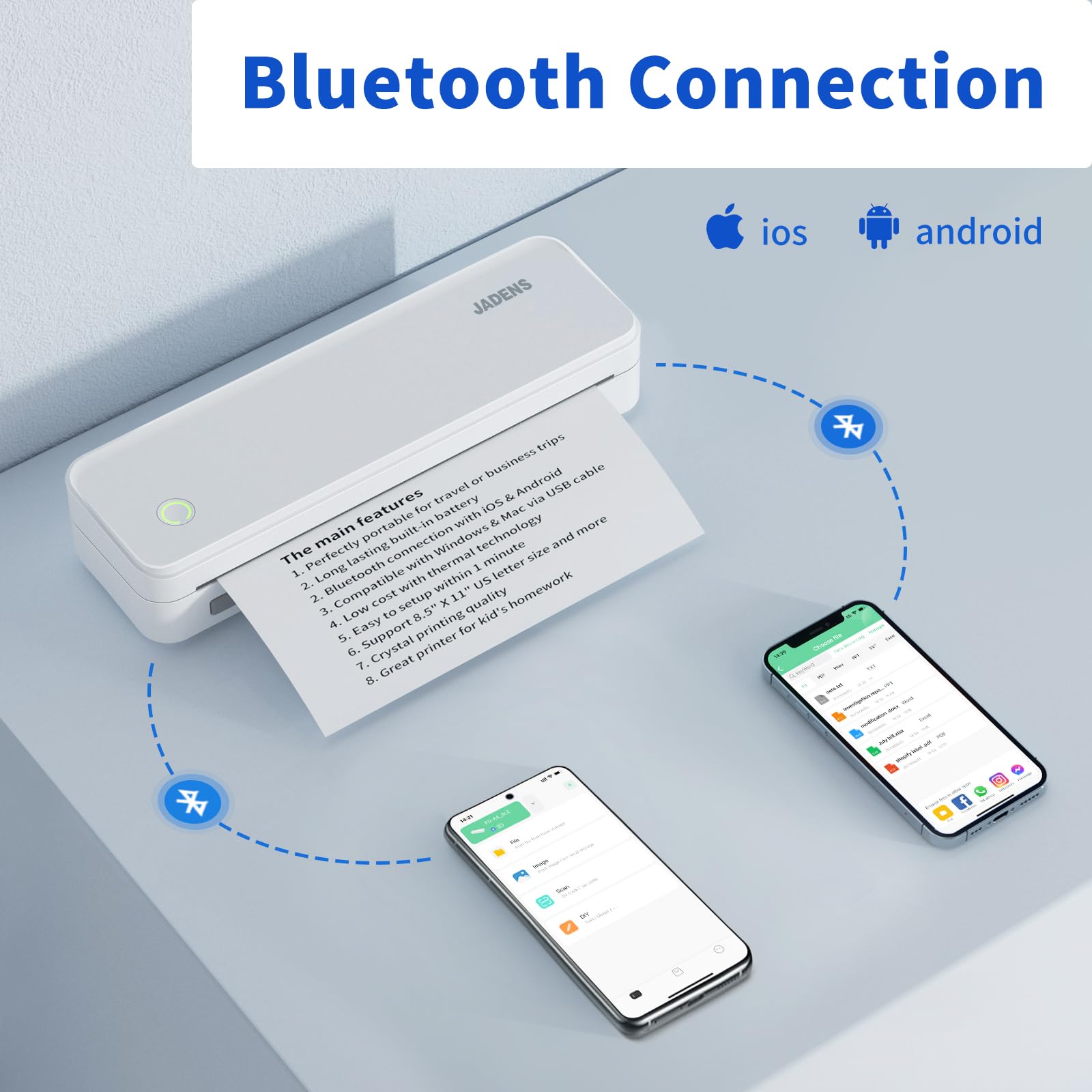 JADENS Bluetooth Thermal Portable Printer, Ink-Free, 8.5′′x11′′ Support, Compact for Travel & Office