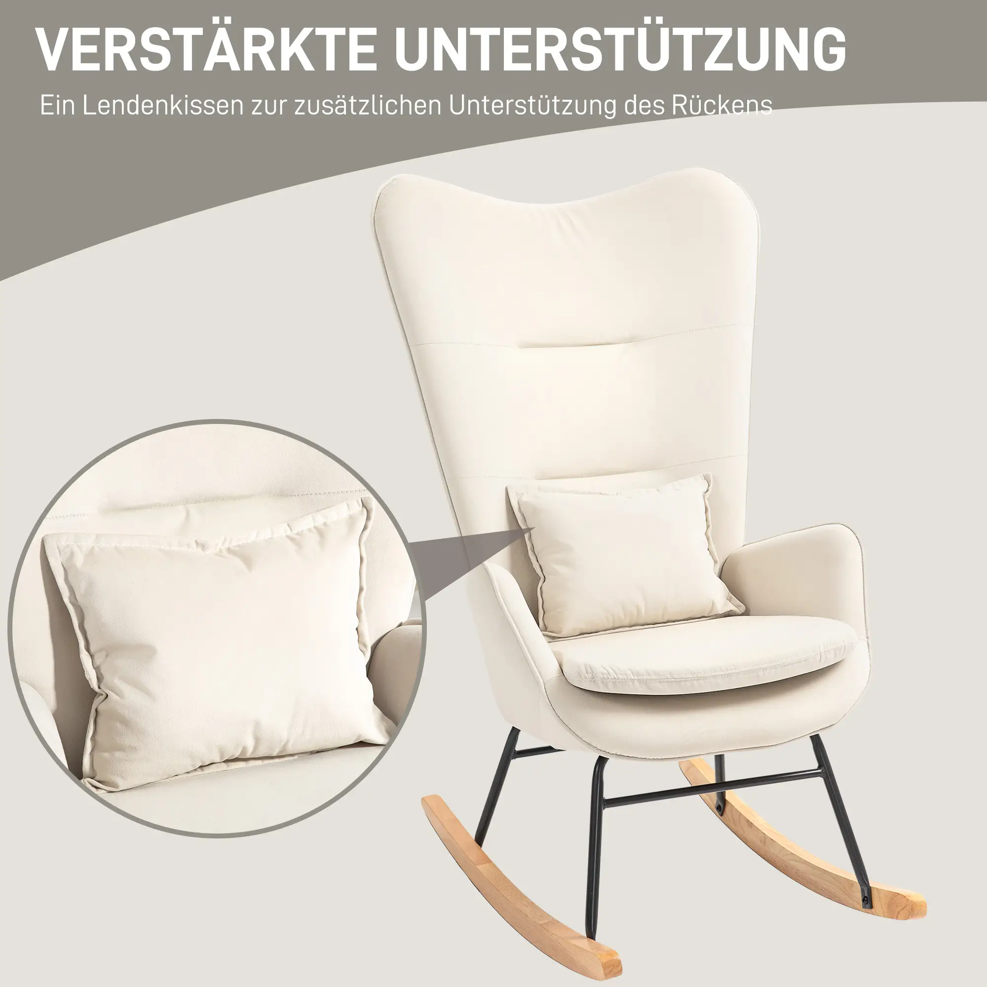 HOMCOM Schaukelstuhl Polsterstuhl mit Nierenkissen & Filzstreifen cremeweiß