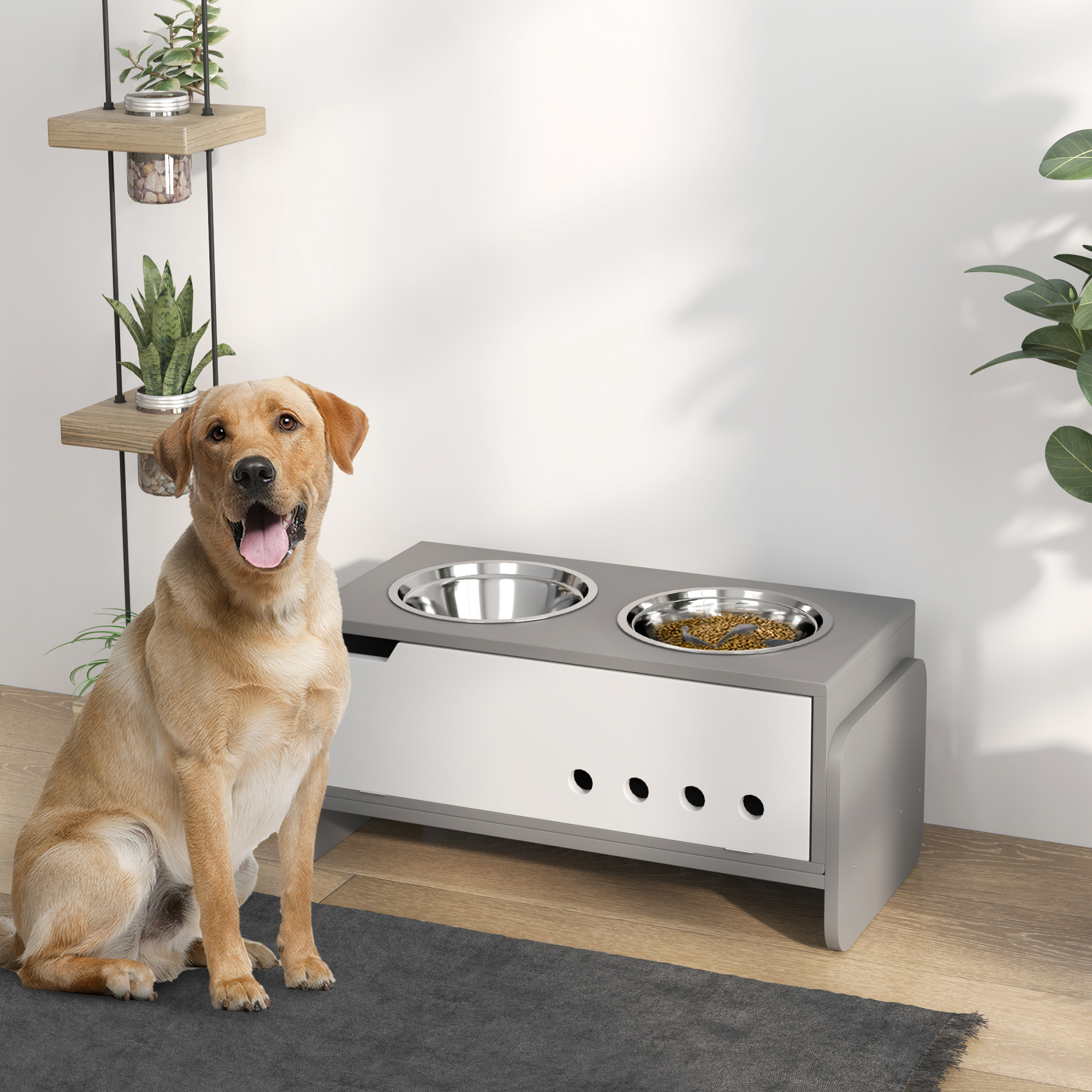 PawHut Erhöhte Fütterungsstation für Hunde, mit Stauraum und Anti-Schling-Matte, 2 x 2000 ml Edelstahlnapf, Grau
