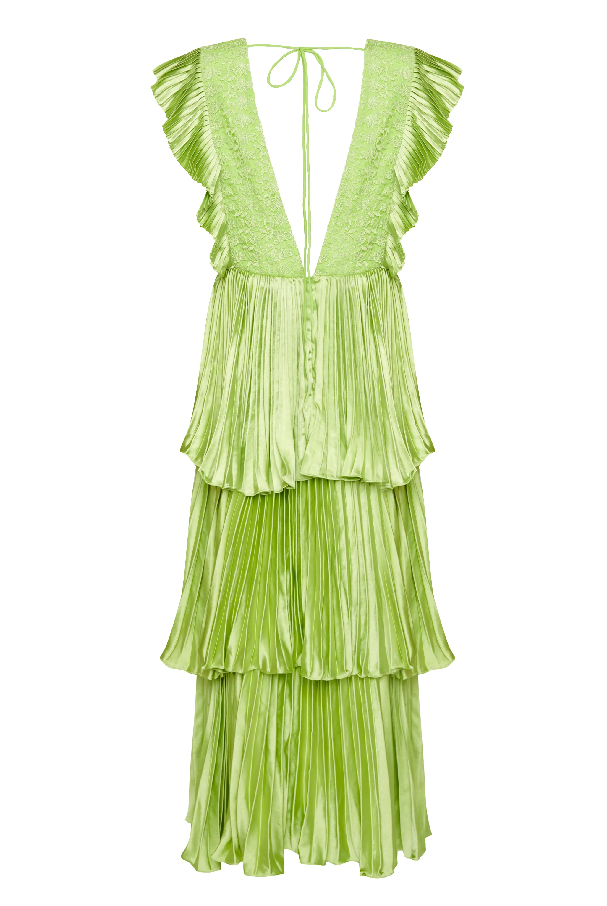 Lime Green Satin Pleated Tiered Midaxi Dress