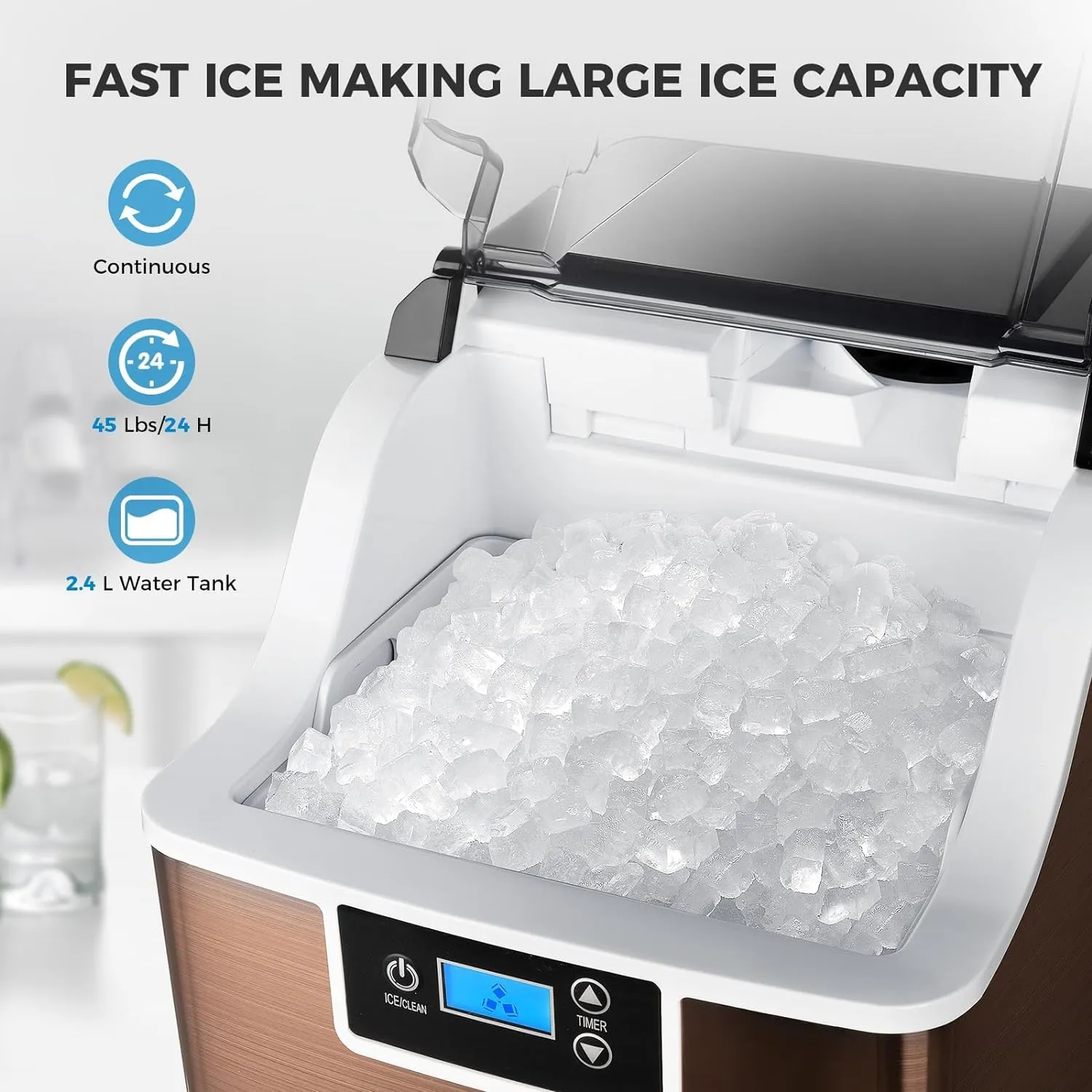 Ice Makers Countertop, 45lbs/Day Pebble Ice Maker Machine with 24 Hour Timer, Self Cleaning Sonic ice Maker with Ice Scoop