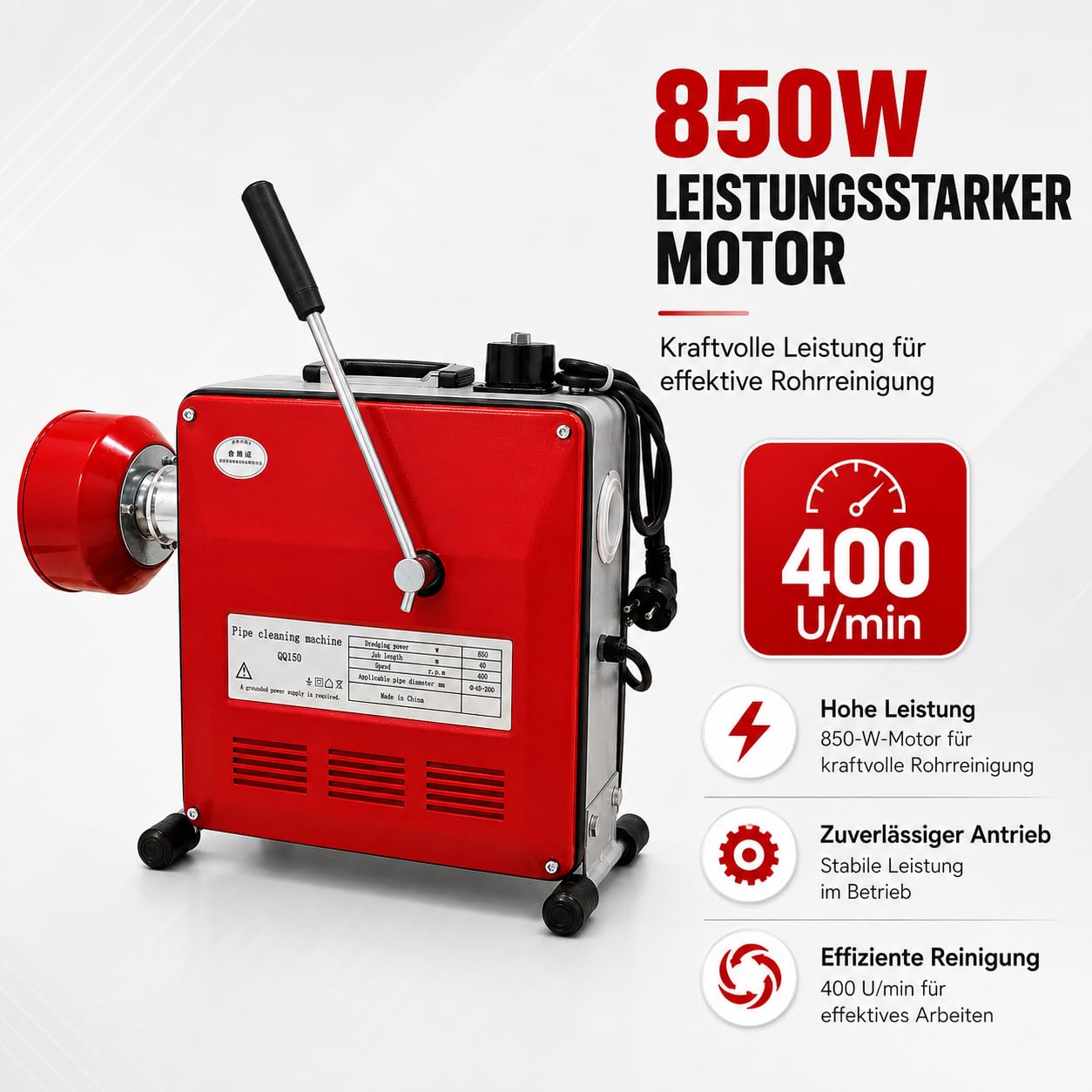 Rohrreinigungsmaschine 850W mit 400 U/min Ausgangsdrehzahl für Rohre Ø40–200 mm, inkl. 20 m Spirale, Biegespirale und 6 Reinigungsköpfen