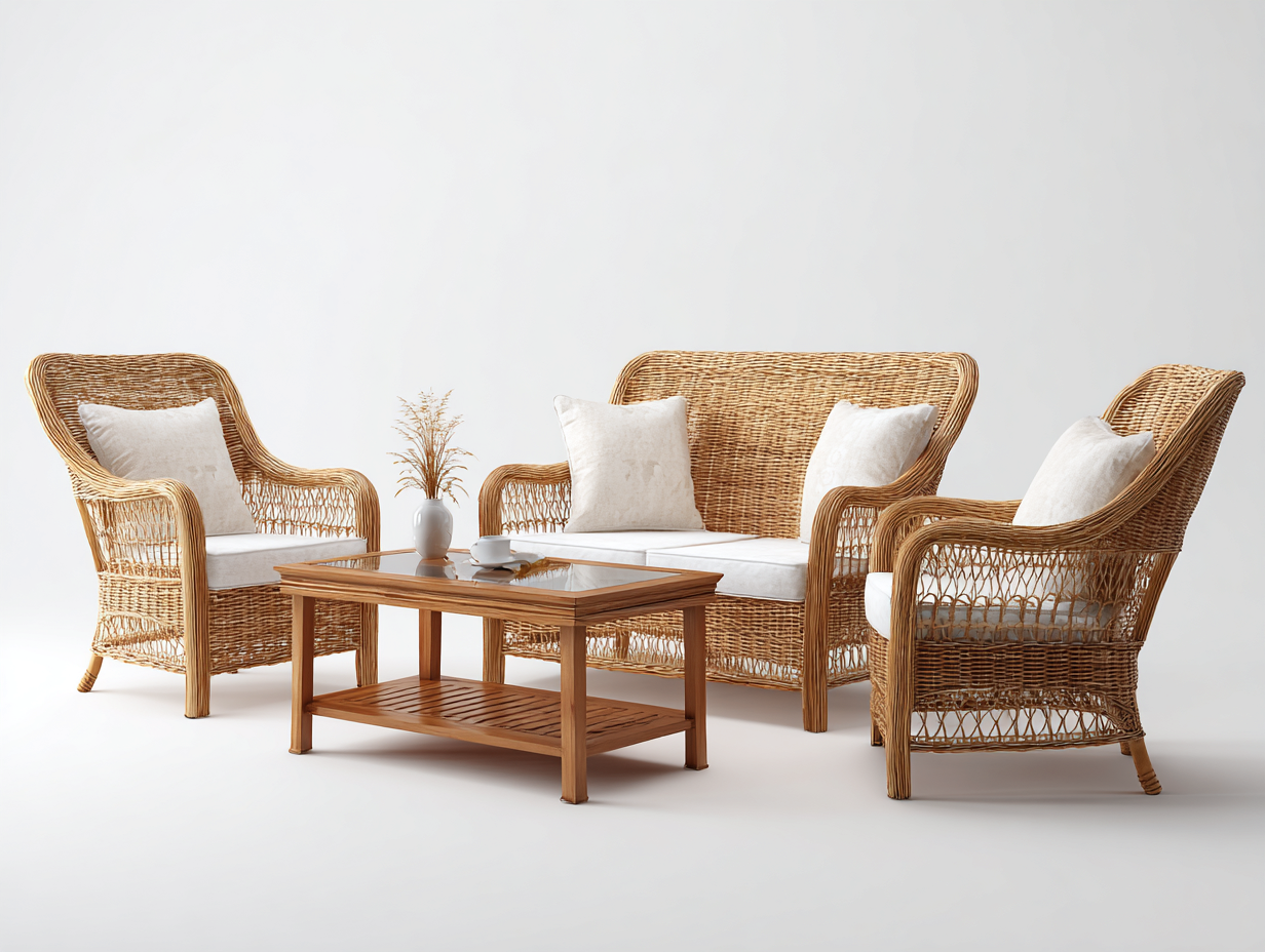 Salon de jardin in rattan naturale con cuscini bianco crema - per giardino e terrazza - stile naturale elegante