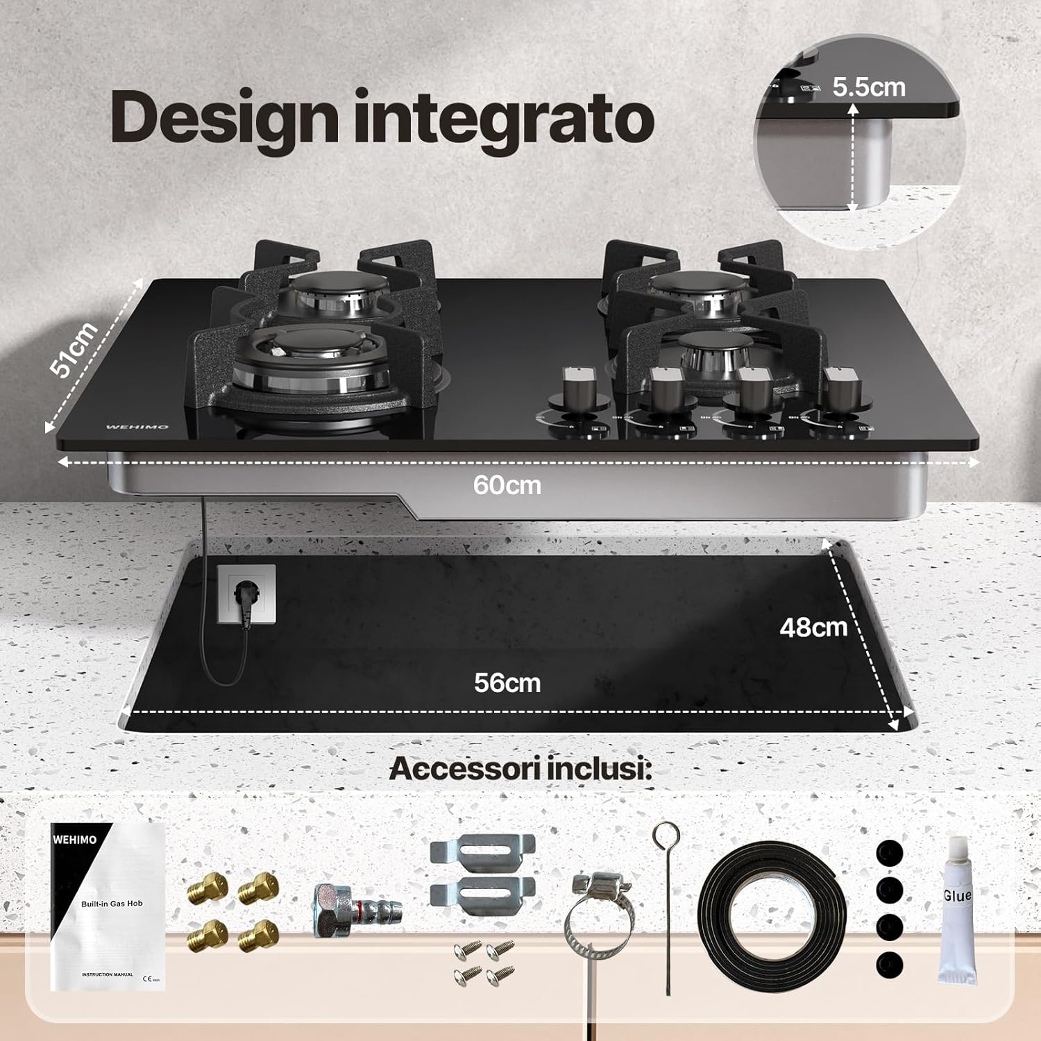 WEHIMO Piano Cottura a Gas 4 Fuochi da Incasso, 60cm, 7800W, Protezione Flame-Out, Gas Naturale/Propano/Butano, Vetro Nero