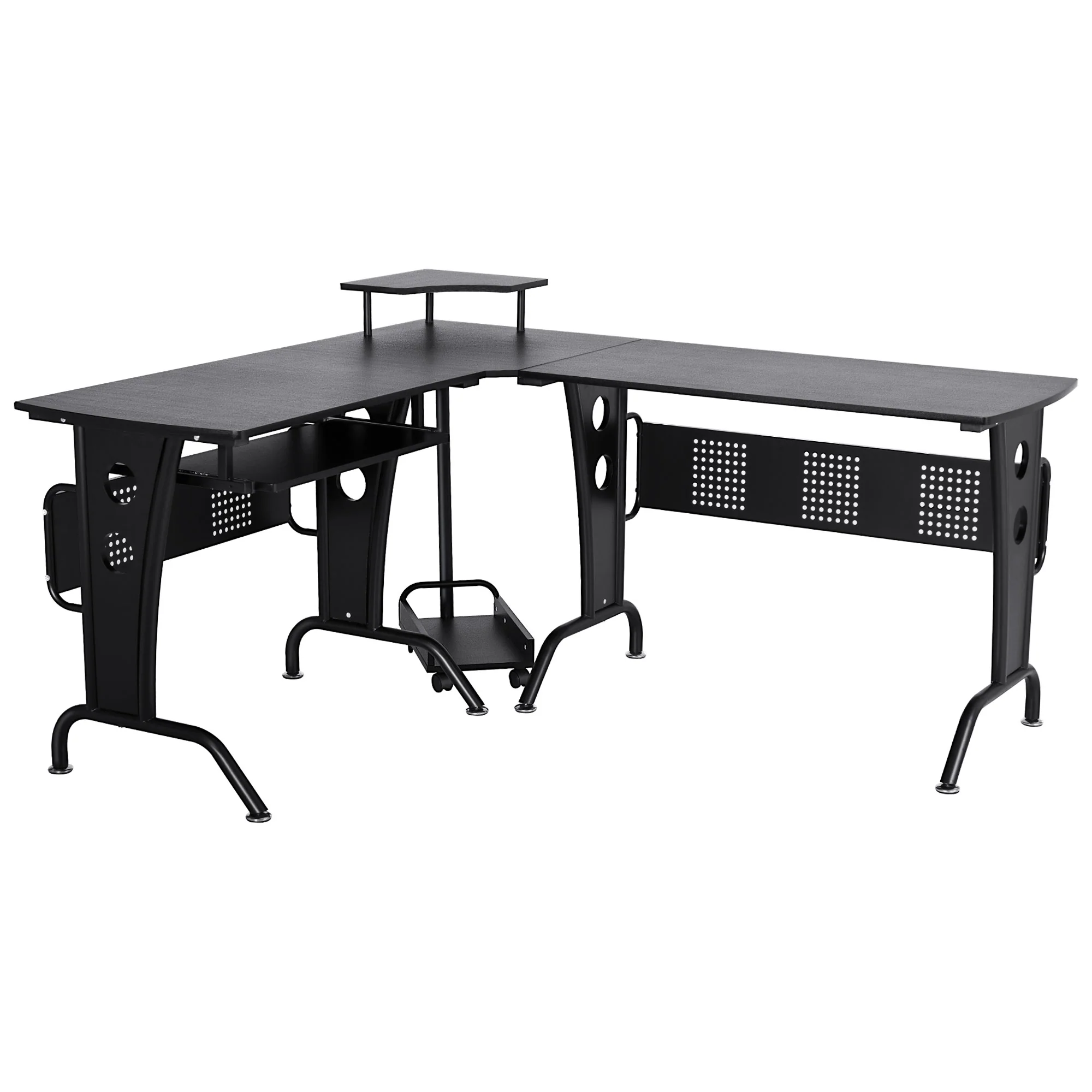 Easycomfort Scrivania Gaming per Casa o Ufficio, Angolare e Salvaspazio con Ripiano Tastiera Estraibile, 165x145x86.5cm, Nera