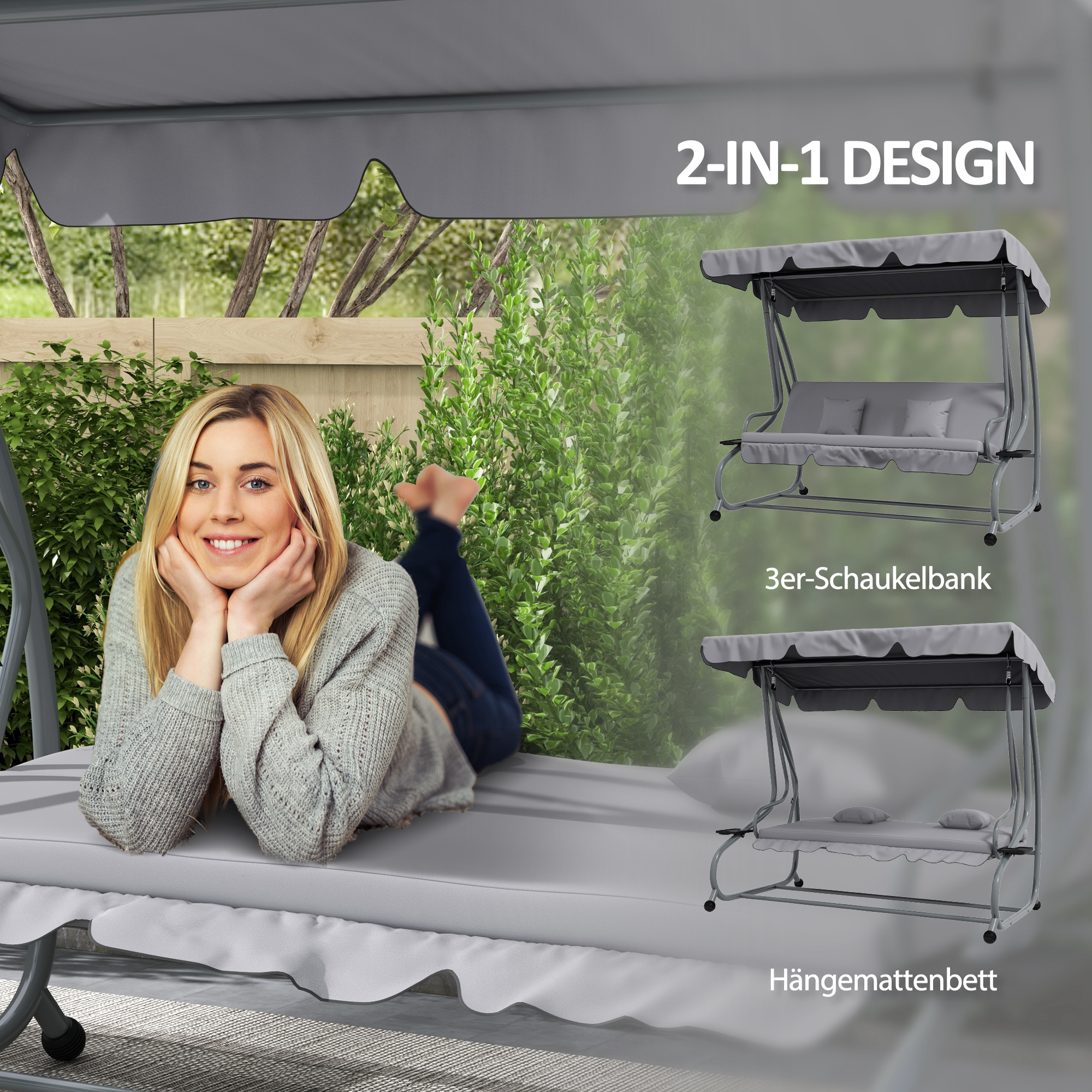 Outsunny 2-in-1 Hollywoodschommel met Ligfunctie, Verstelbaar Dak, tot 340 kg, Staal, 200x120x164 cm, Grijs