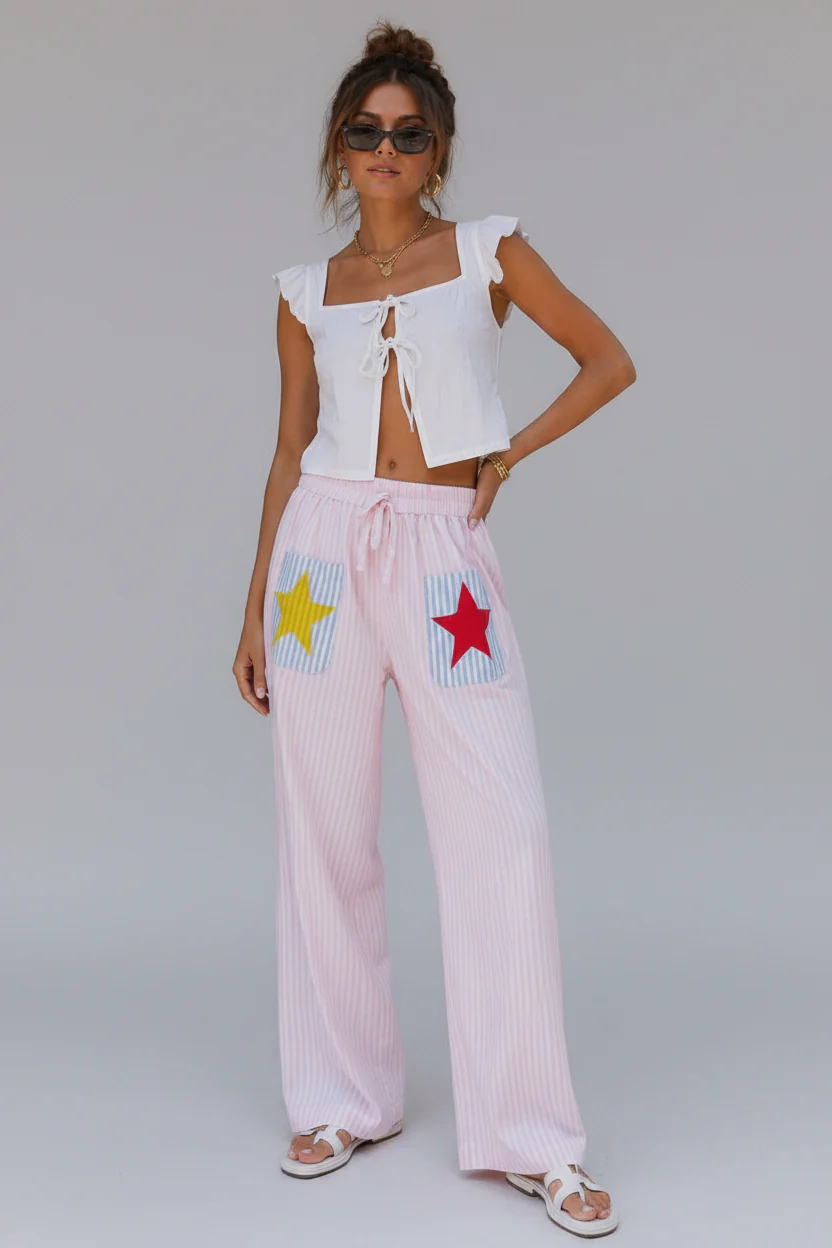 Striped Palazzo Pants with Star Pockets �C Pink | Women's Wide-Leg Trousers