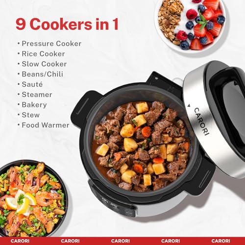 CARORI 9 in 1 Electric Pressure Cooker 6 Qt, Programmable Multi Function Cooker with Safer Vent, Olla de Presion, Rice Cooker, Slow Cooker, Steamer, Sauté, Warmer & Sterilizer, 1000W, Stainless Steel: Home & Kitchen