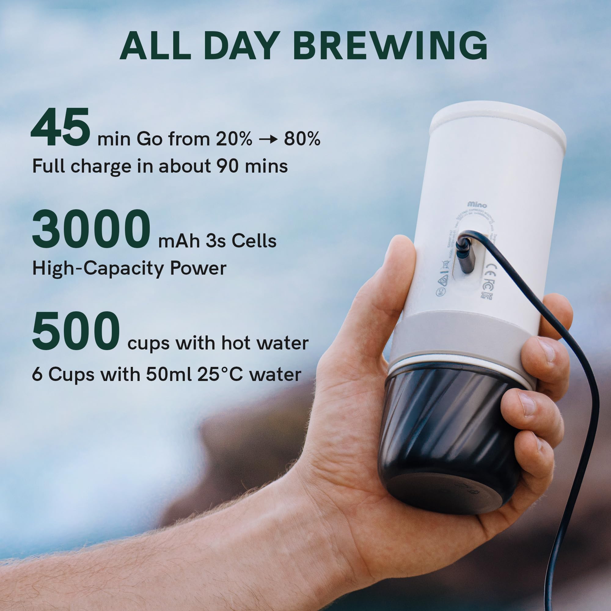 Tragbare elektrische Espressomaschine Mino mit 70 ml, USB-C Schnellladung und IP67, Tundra Brown