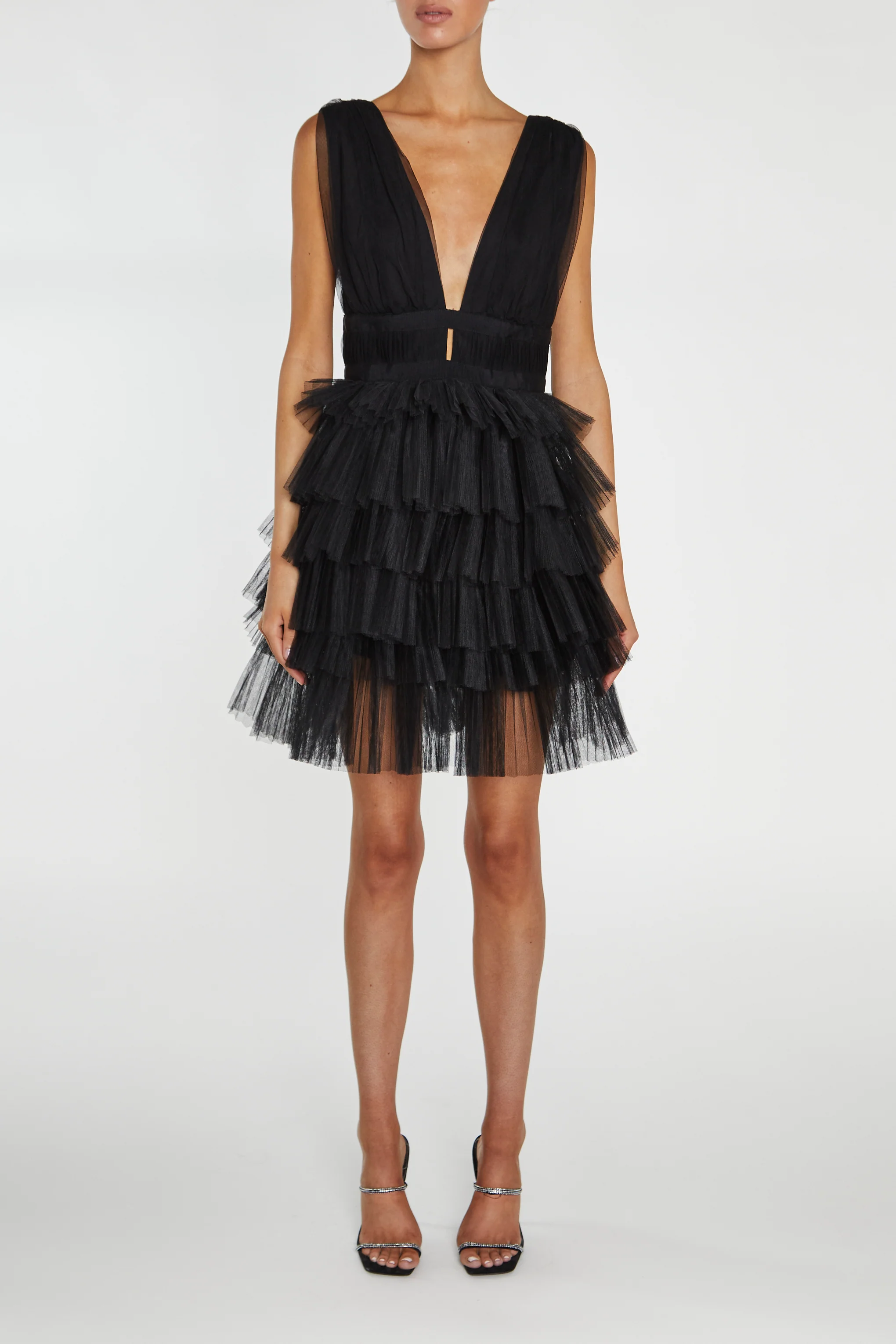 Elle Black Plunge-Front Tiered Tulle Mini-Dress