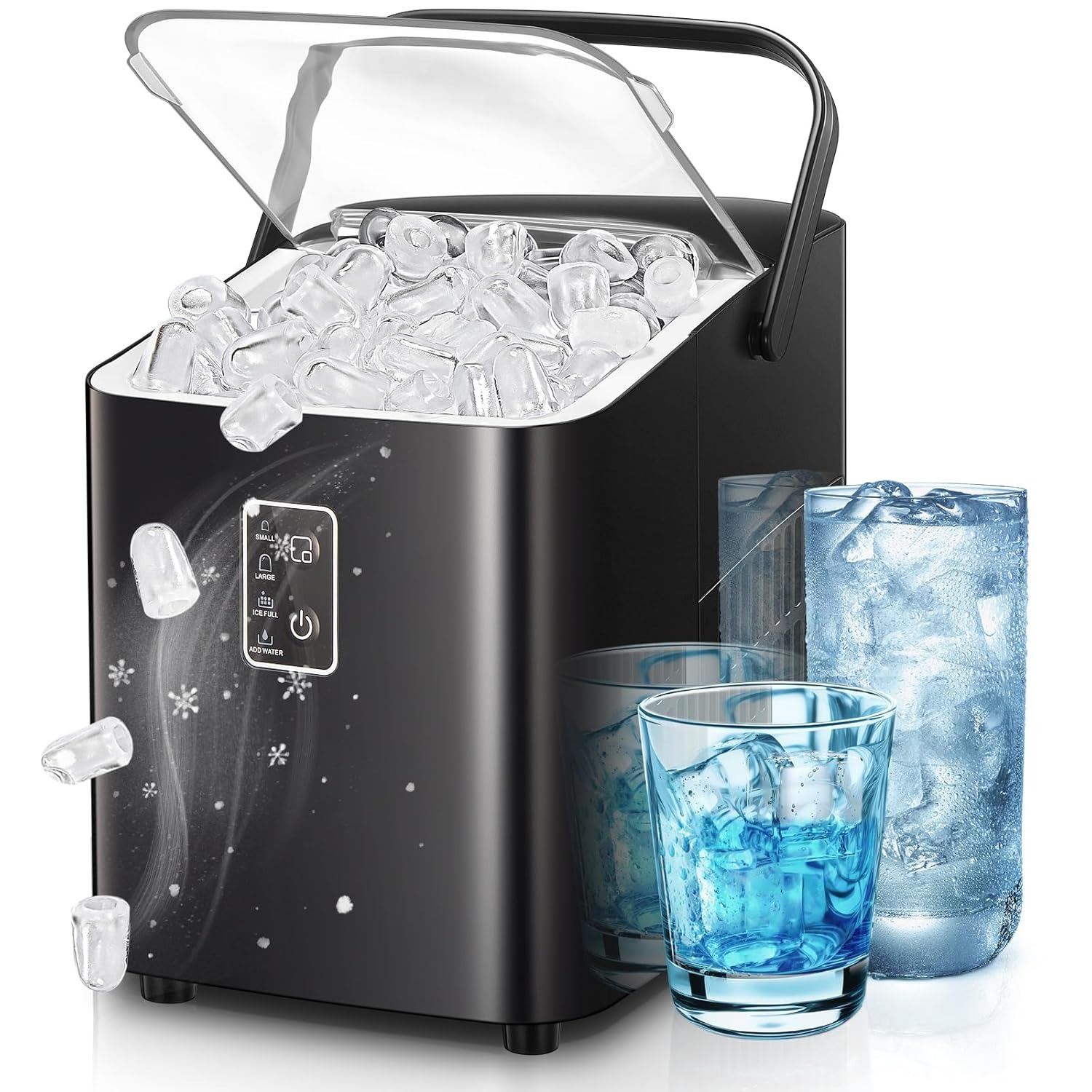 FOHERE Macchina per il ghiaccio, ghiaccio in 5 minuti, 14 kg in 24 ore, mini macchina del ghiaccio autopulente, 2 dimensioni di ghiaccio per cucina, ufficio, bar e feste, maniglia facile (Nero)