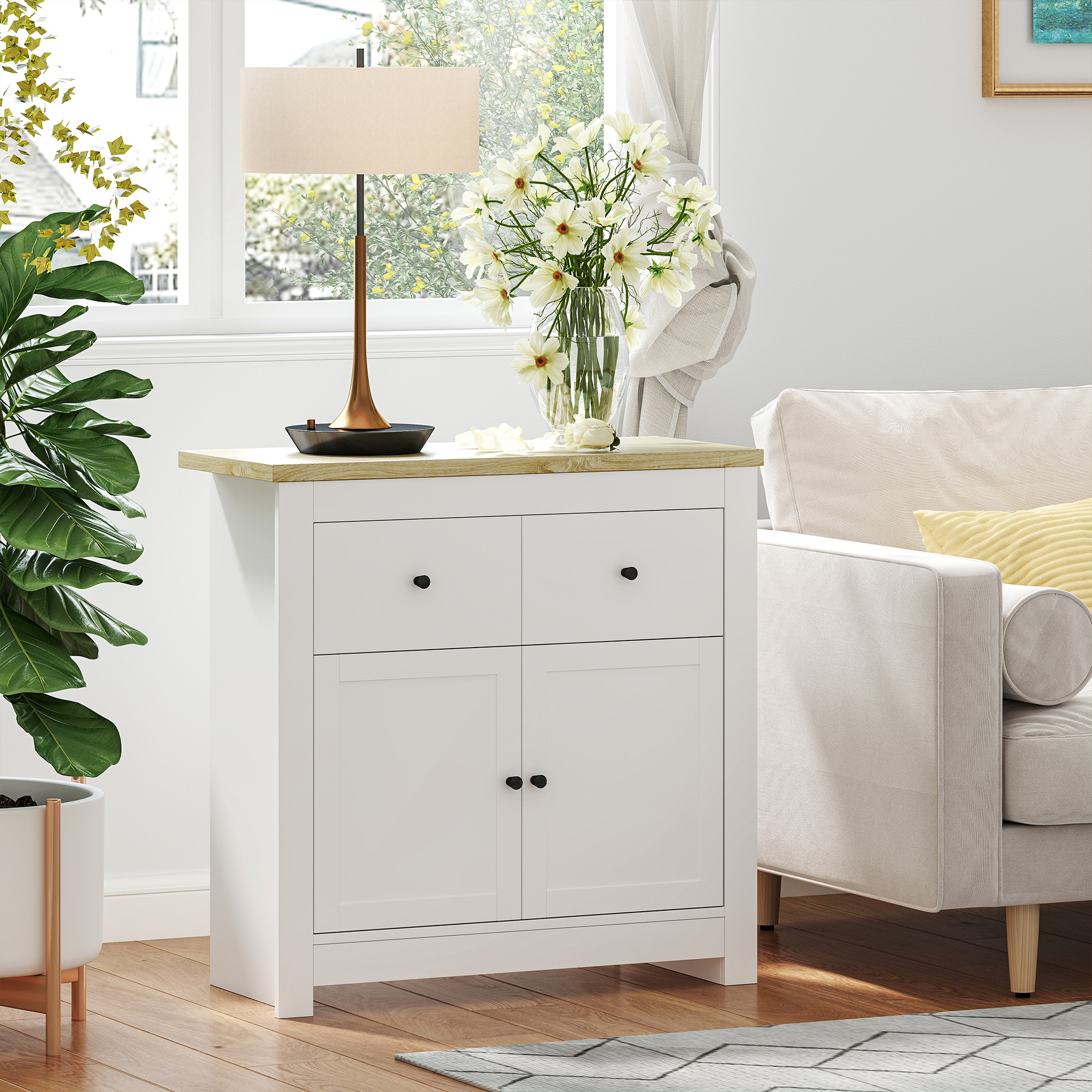 HOMCOM Kommode mit viel Stauraum, Sideboard mit Soft-Close-Türen, 2 Schubladen, verstellbares Regal, Weiß