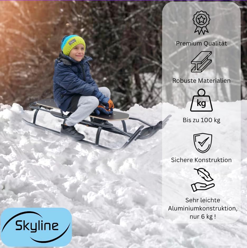 2in1 Kinder Duo Schlitten aus Aluminium mit Rückenlehne, Matrazen, LED für Kinder und Erwachsene 2 Personen Tragfähigkeit bis 100kg (Silver/Navy)
