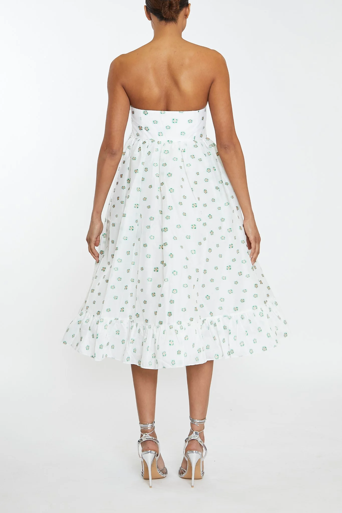 Chloe White-Green Organza Bandeau Ruffle Hem Midi-Dress