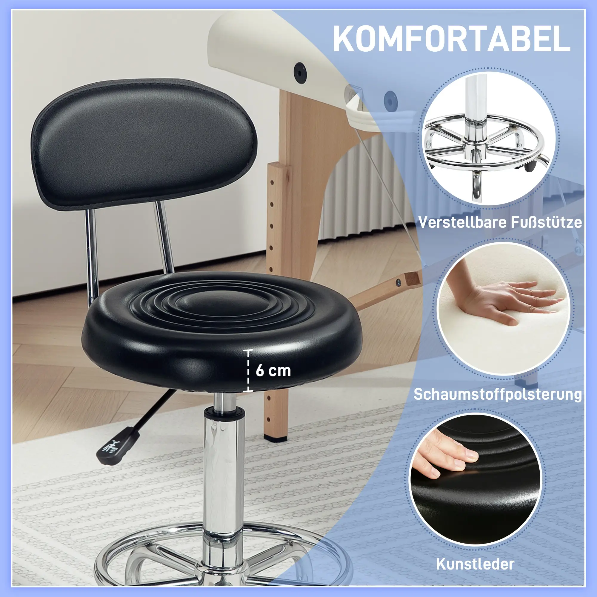 HOMCOM Rollhocker mit Lehne & Fußstütze, höhenverstellbar, Schwarz