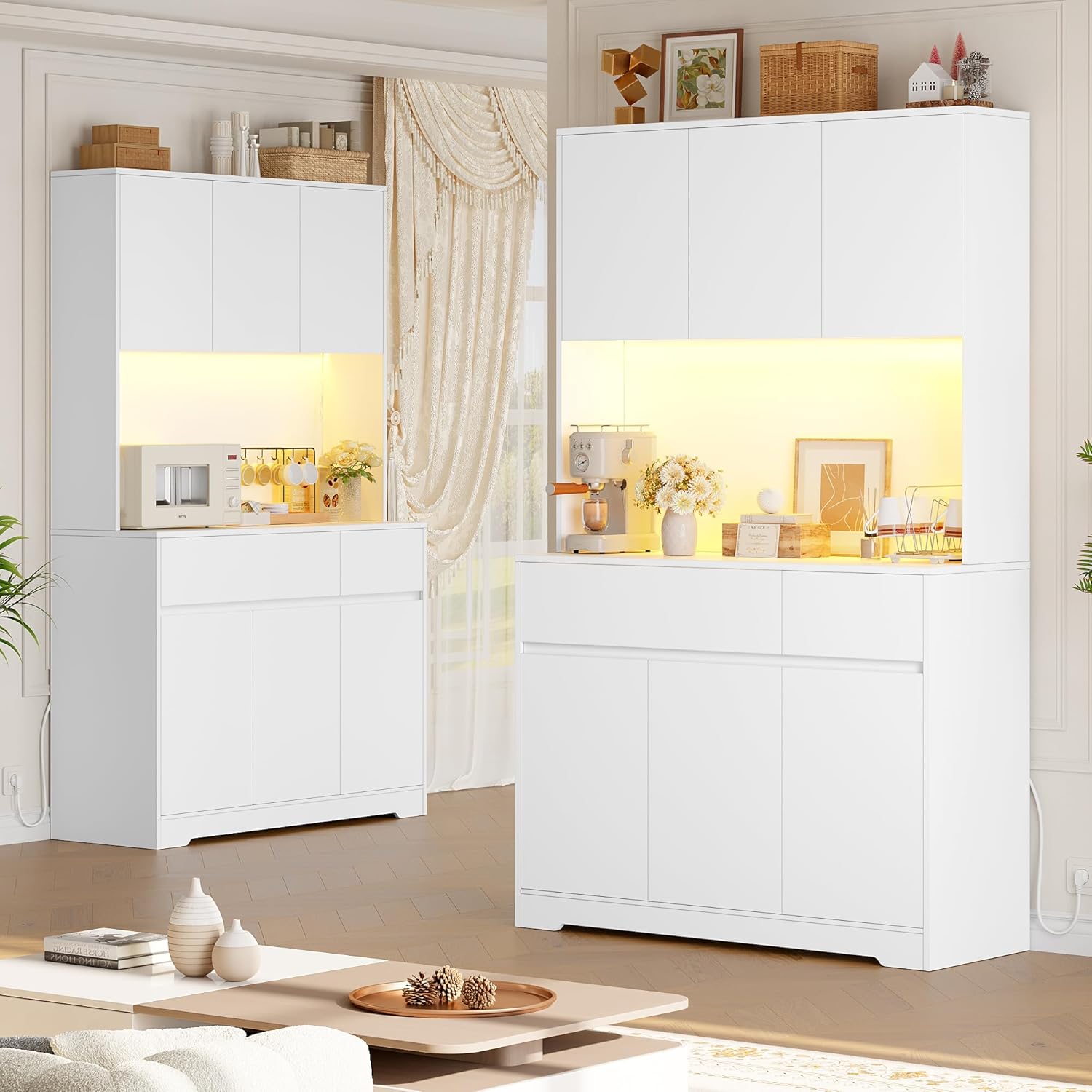 FirFurd Mobile Cucina, Credenza Cucina Alta con Presa e Luce LED, Mobile Dispensa con Ripiani Regolabili, Ampio Piano di Lavoro, per Sala da Pranzo, Soggiorno, 100x38,5x180cm (Bianco)